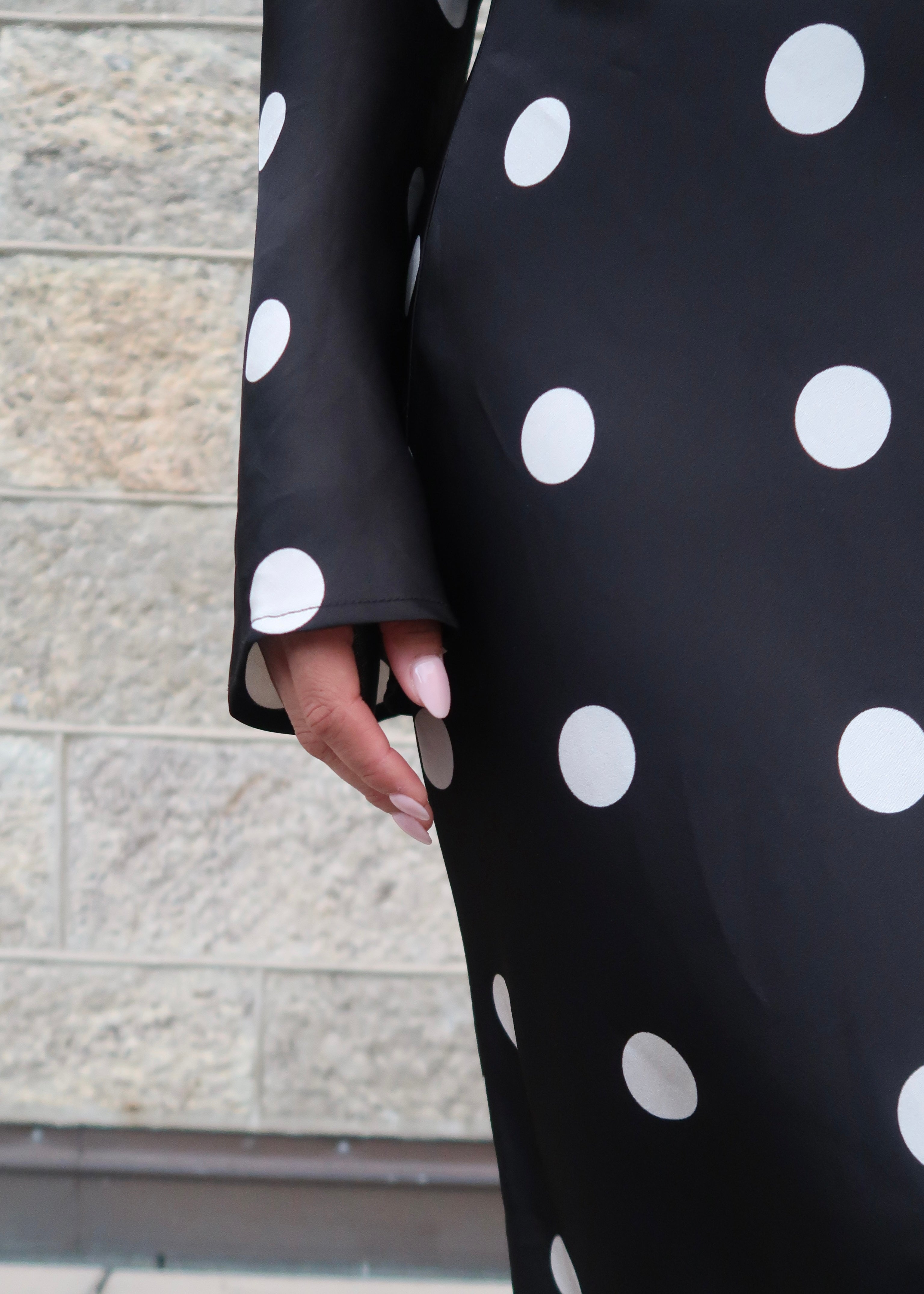black polka dot maxi satin dress, long sleeve, flare sleeve