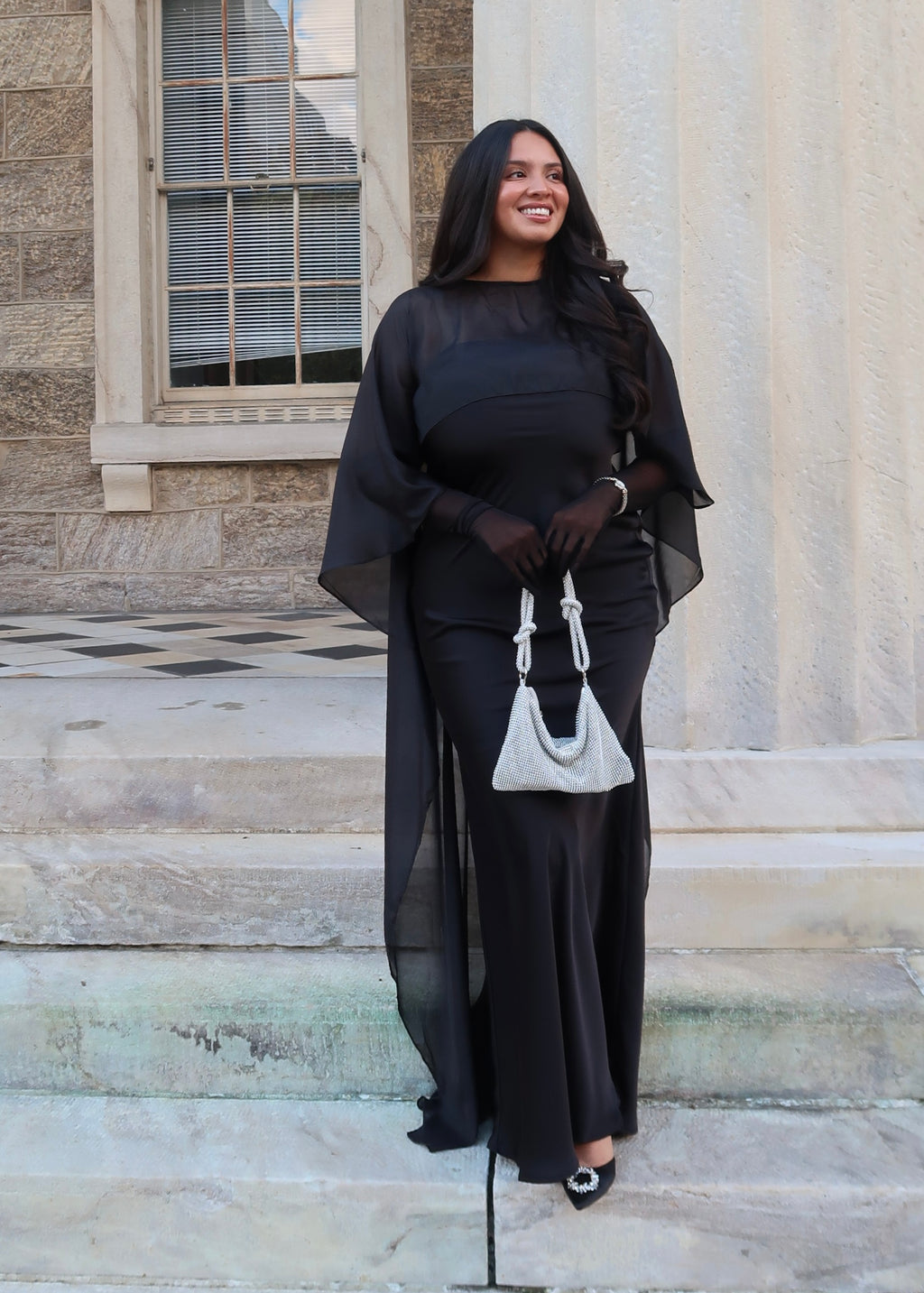 Black satin strapless maxi dress with sheer cape shawl, elegant, classy dress