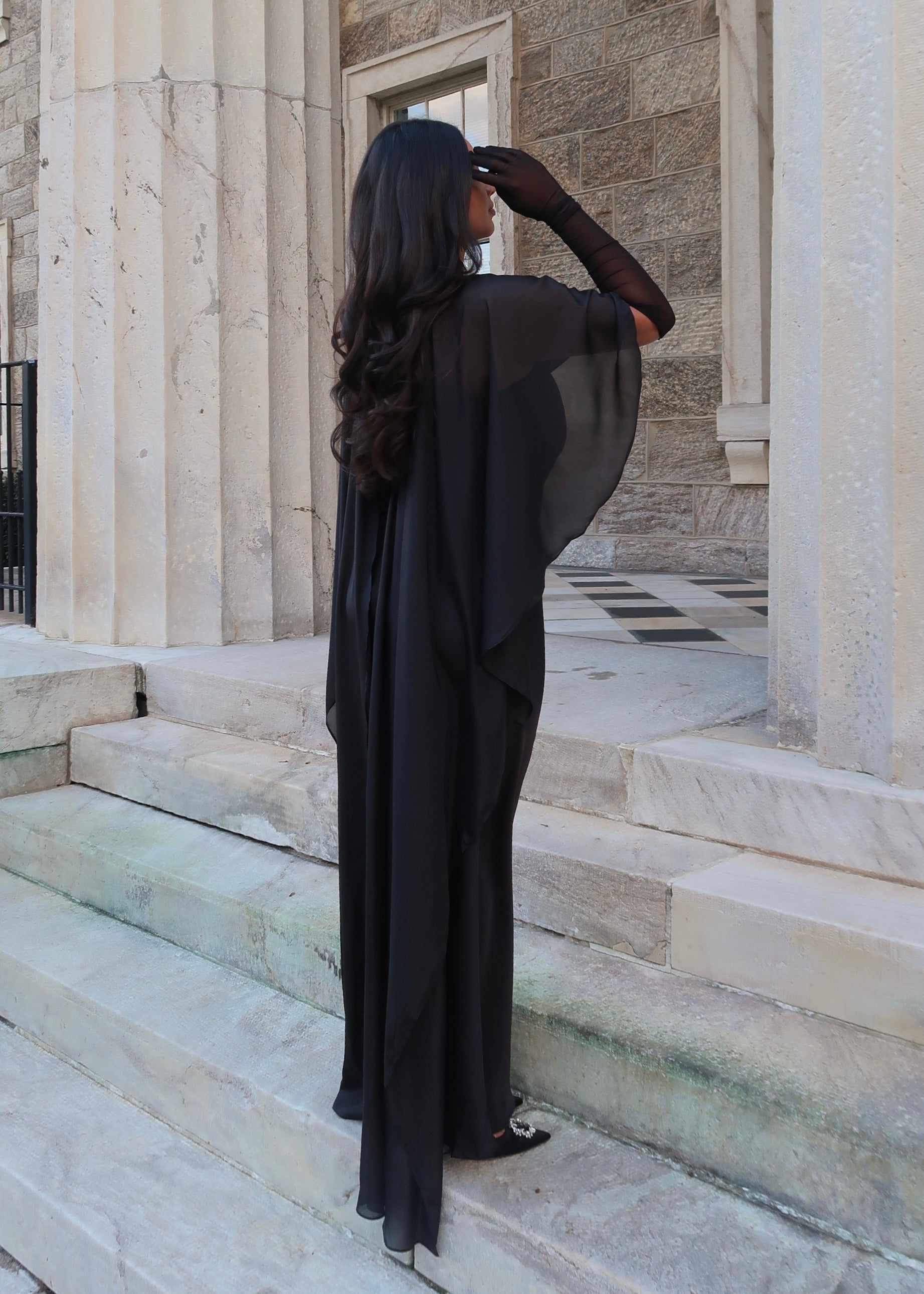 Black satin strapless maxi dress with sheer cape shawl, elegant, classy dress