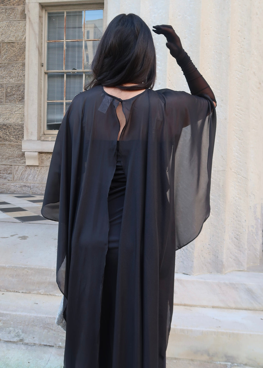Black satin strapless maxi dress with sheer cape shawl, elegant, classy dress