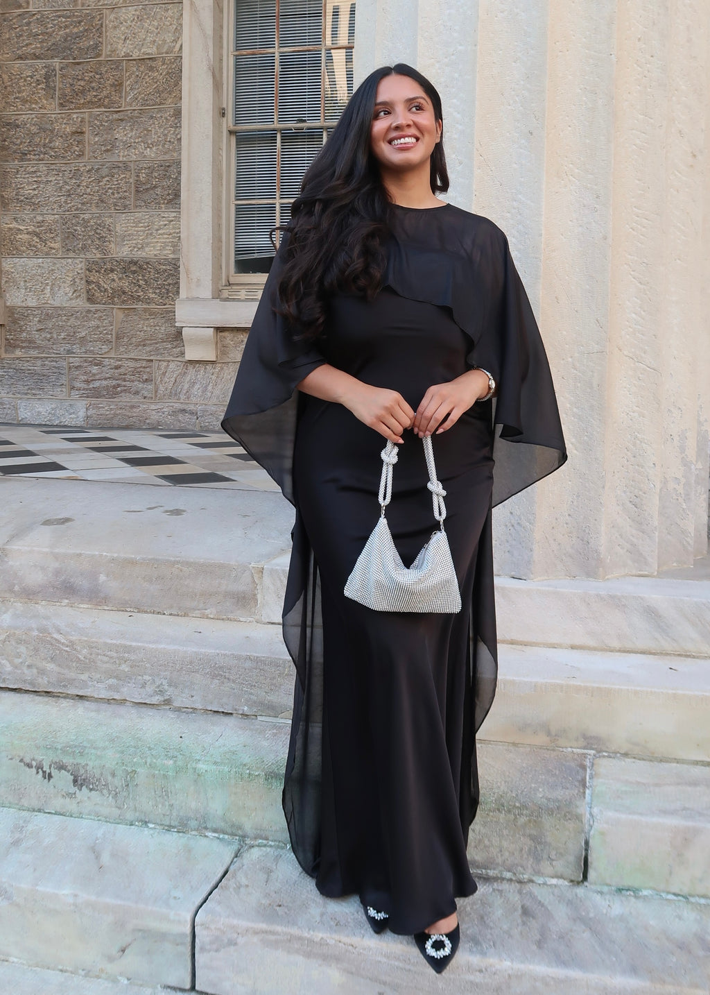 Black satin strapless maxi dress with sheer cape shawl, elegant, classy dress