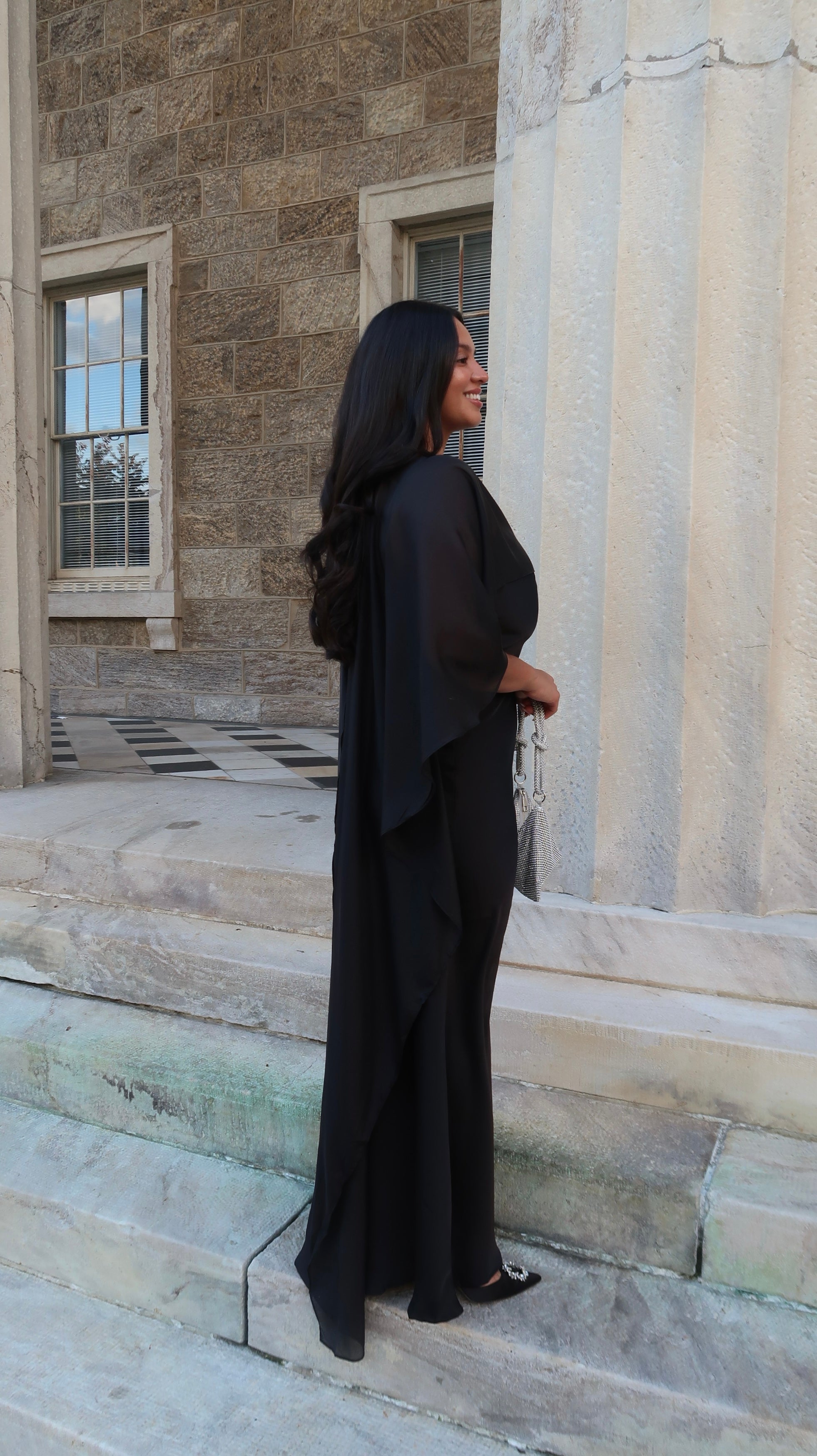 Black satin strapless maxi dress with sheer cape shawl, elegant, classy dress