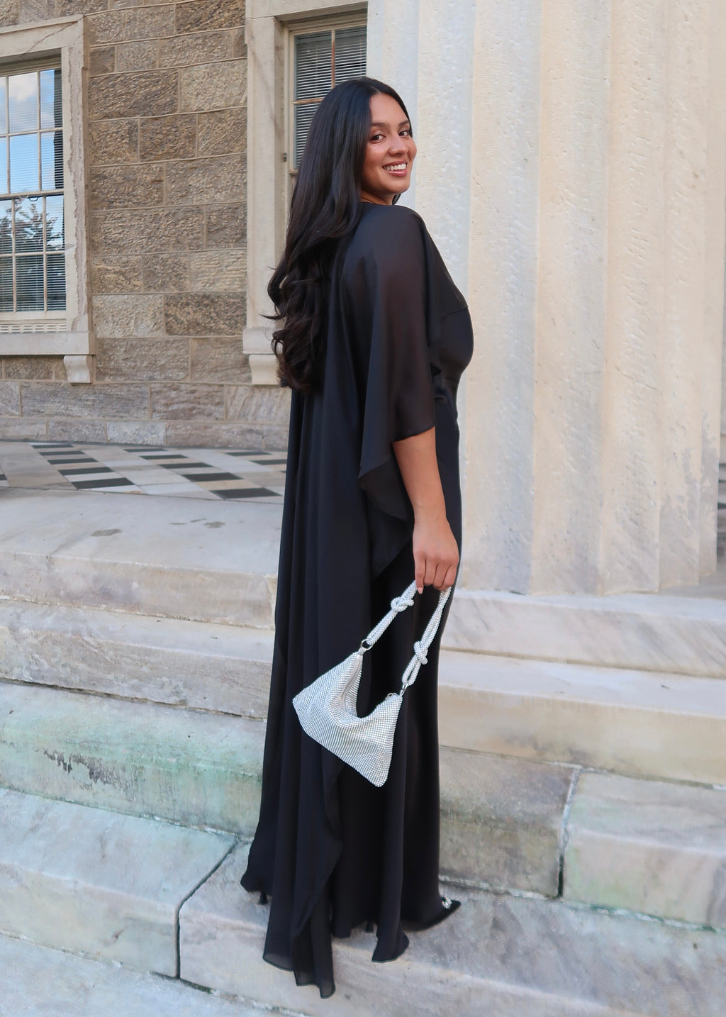 Black satin strapless maxi dress with sheer cape shawl, elegant, classy dress