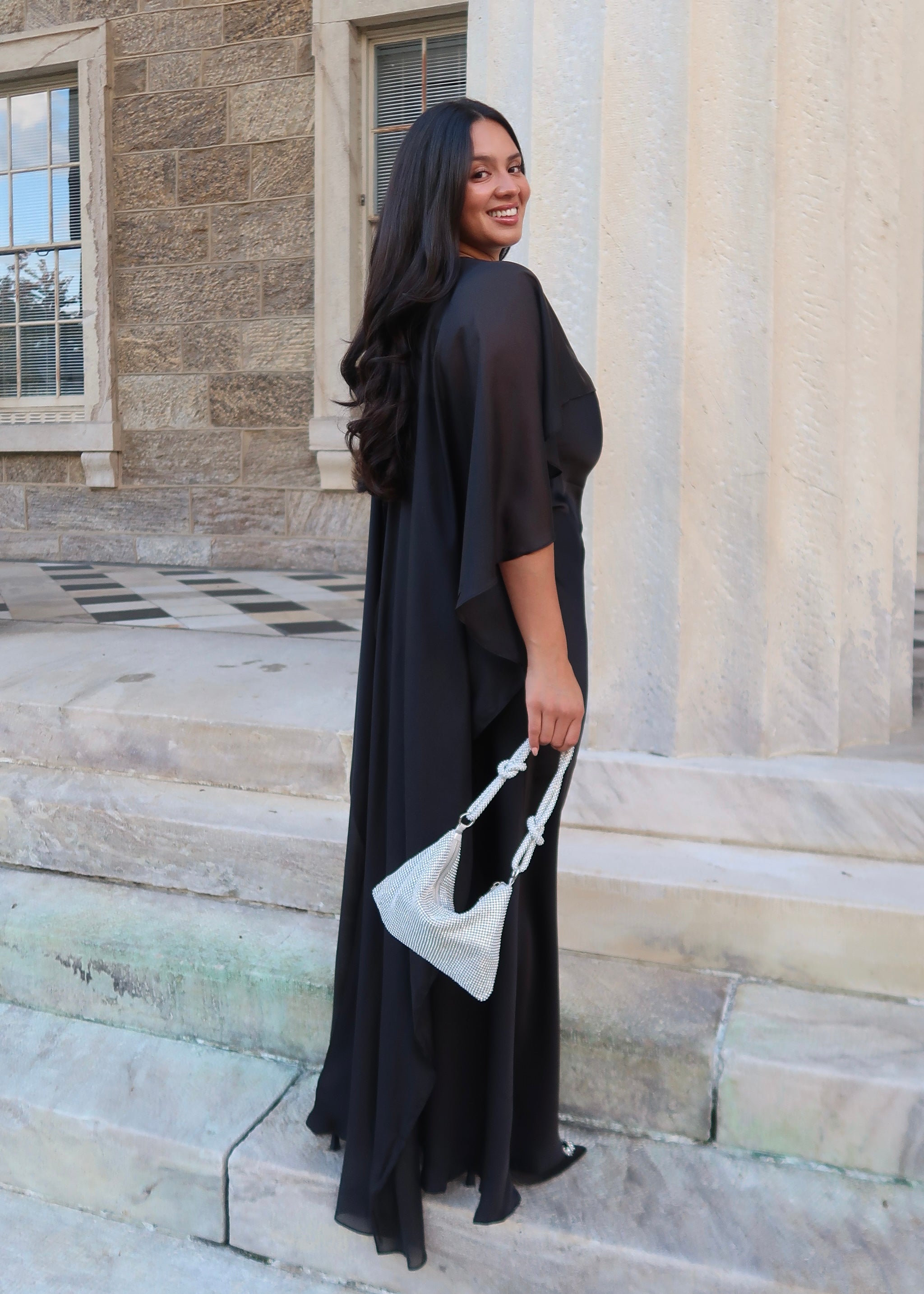 Black satin strapless maxi dress with sheer cape shawl, elegant, classy dress