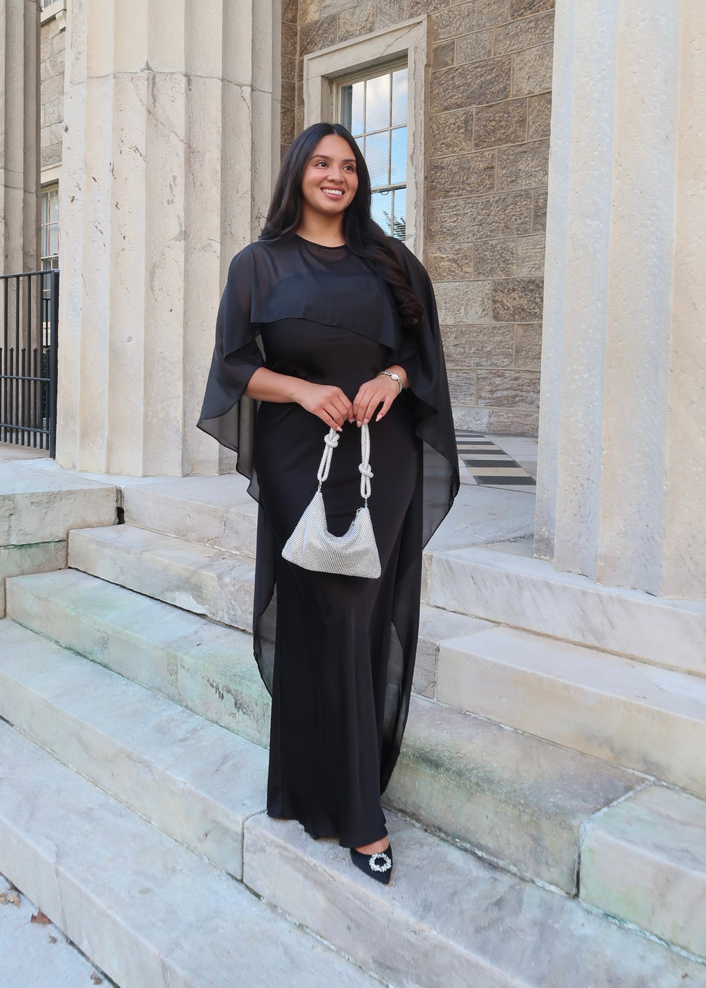 Black satin strapless maxi dress with sheer cape shawl, elegant, classy dress