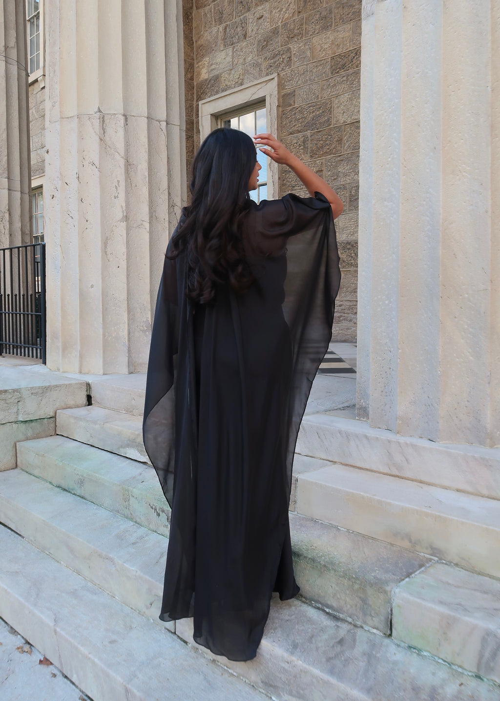 Black satin strapless maxi dress with sheer cape shawl, elegant, classy dress