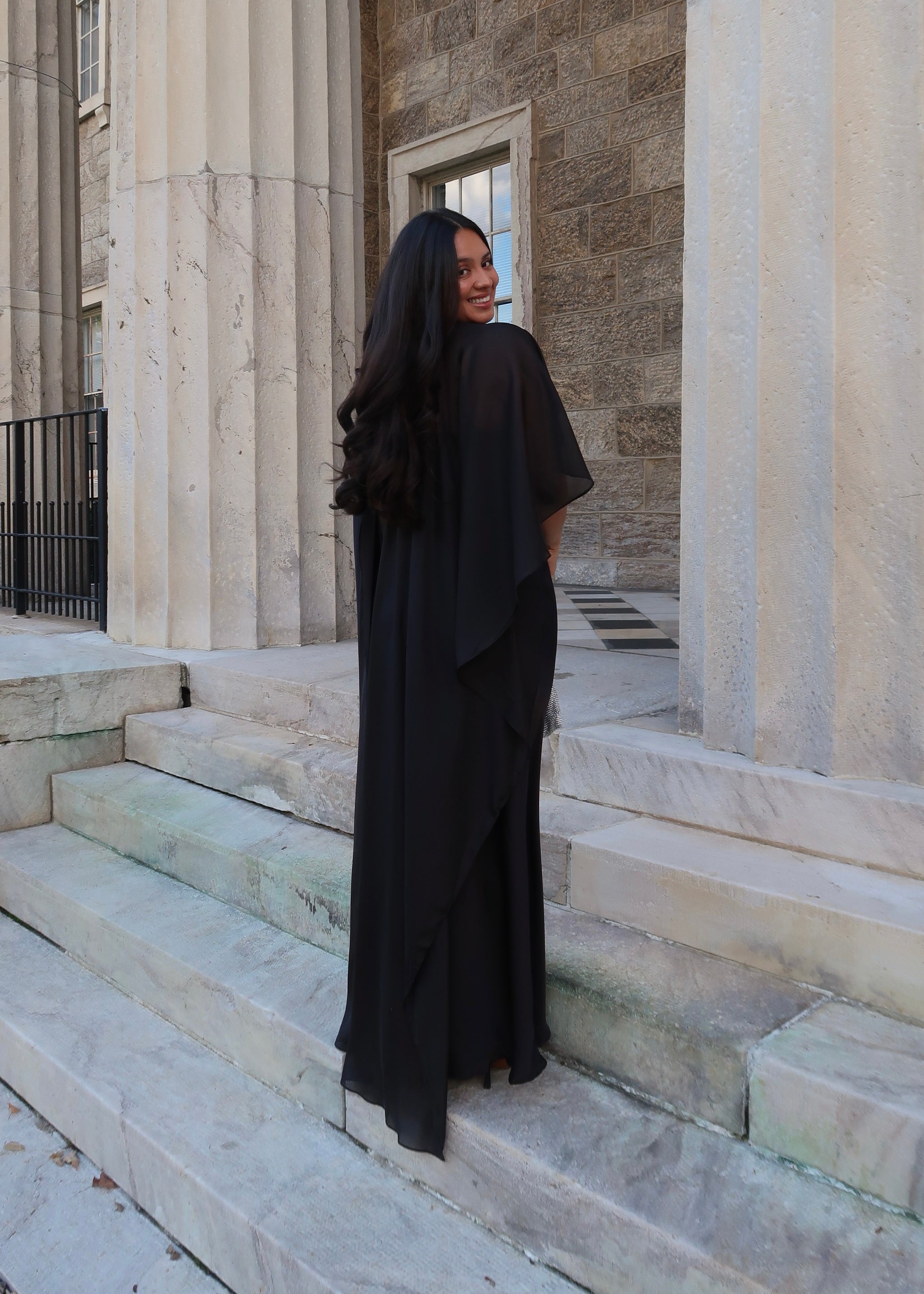 Black satin strapless maxi dress with sheer cape shawl, elegant, classy dress