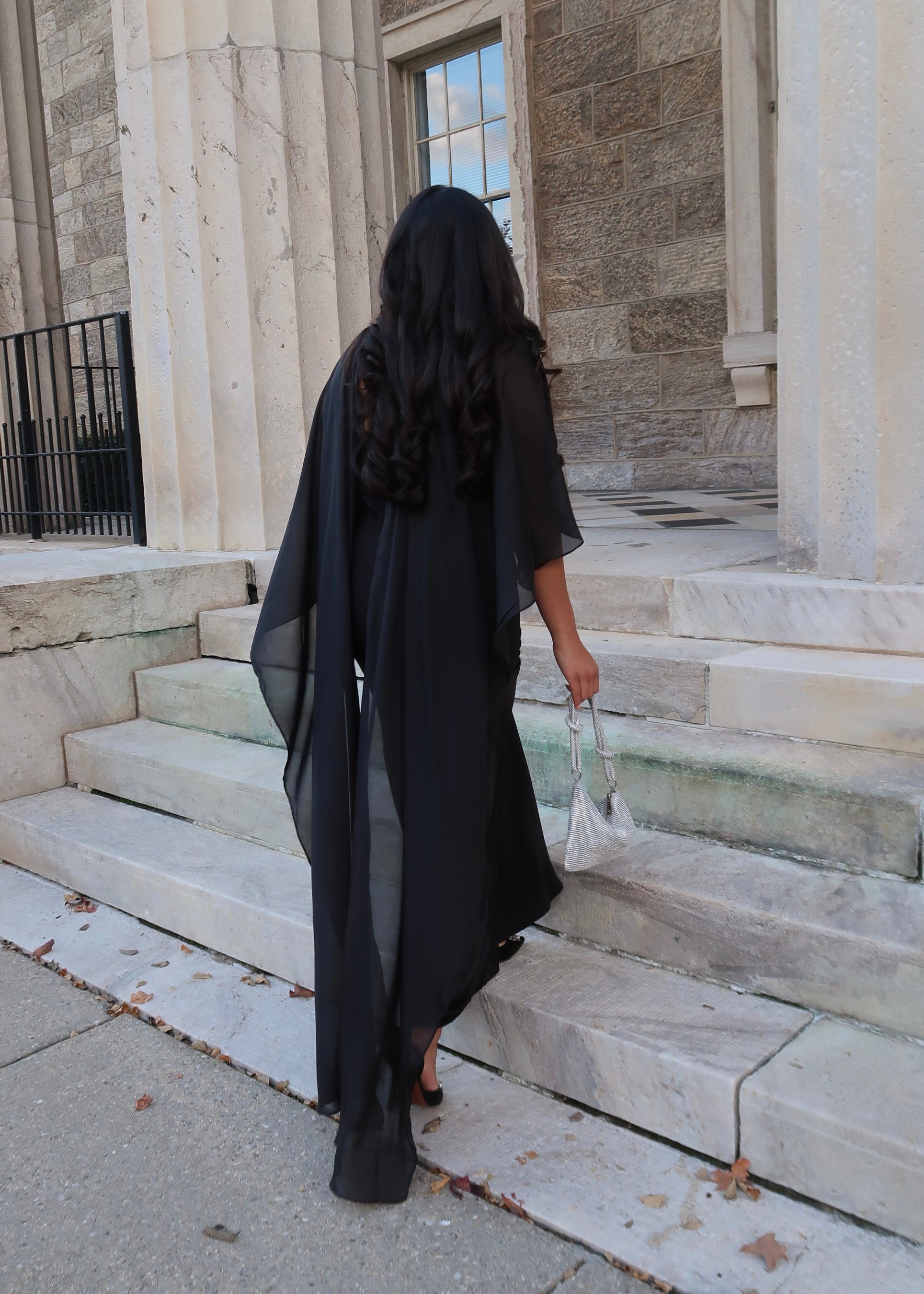 Black satin strapless maxi dress with sheer cape shawl, elegant, classy dress