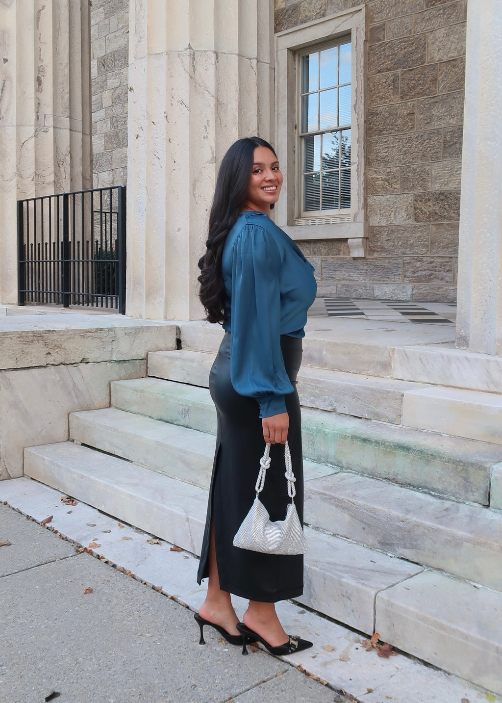 Teal satin blouse, ballon sleeve with cuffs, cowl neckline