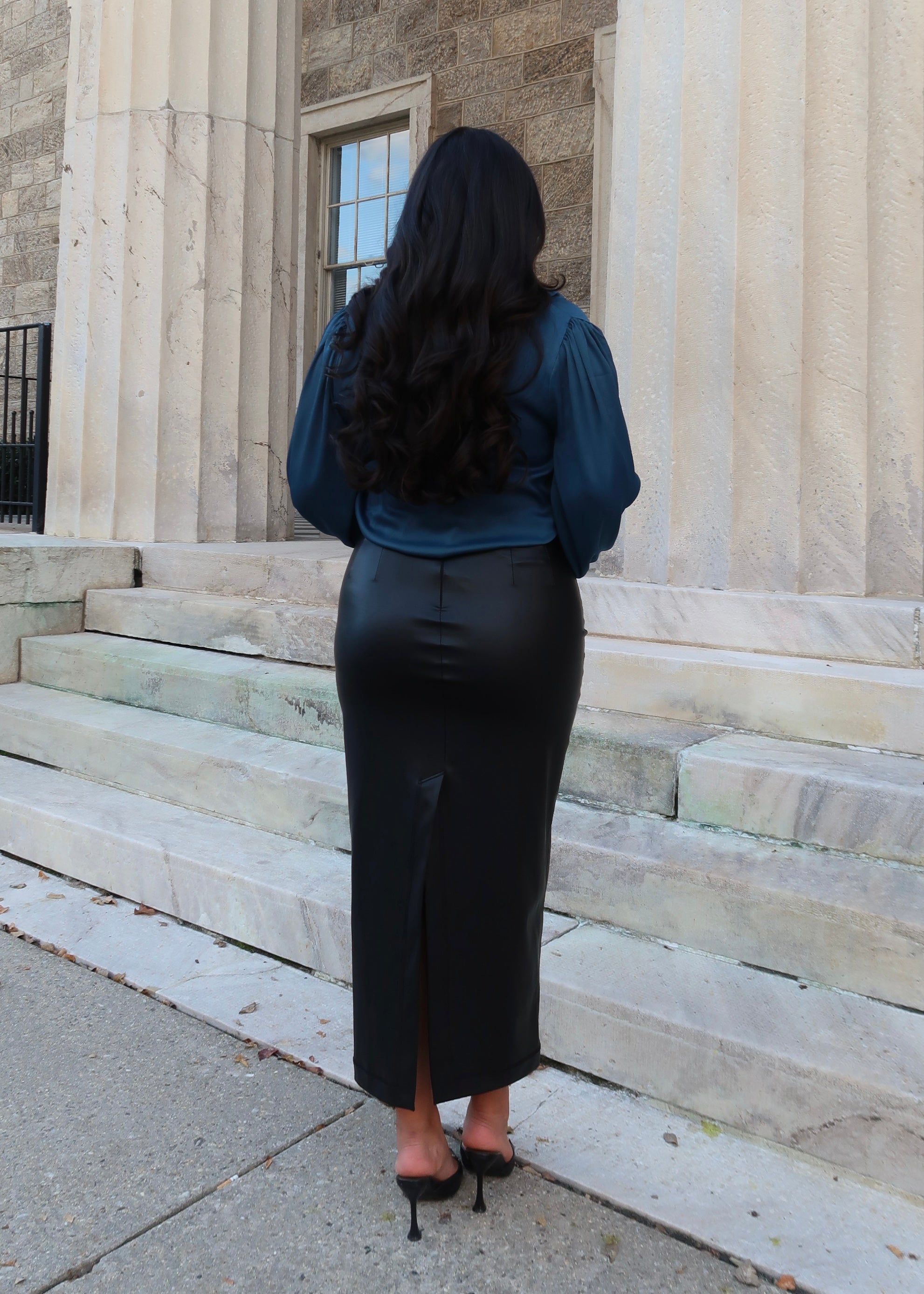 Teal satin blouse, ballon sleeve with cuffs, cowl neckline