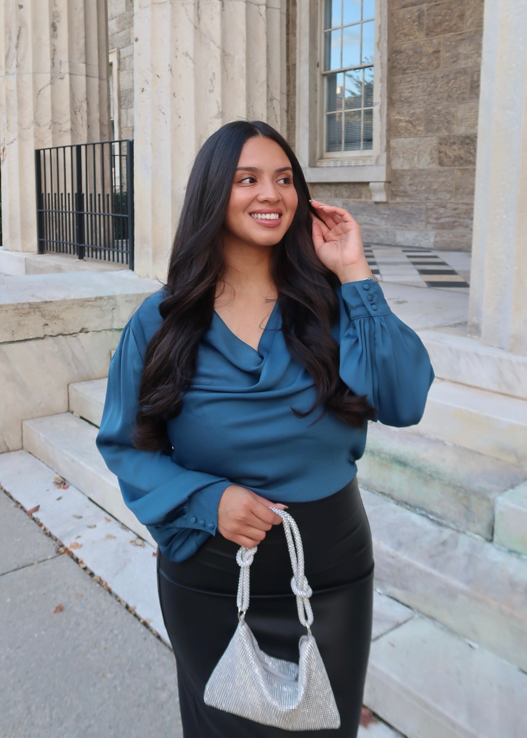 Teal satin blouse, ballon sleeve with cuffs, cowl neckline
