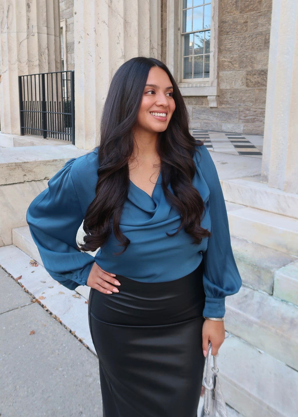 Teal satin blouse, ballon sleeve with cuffs, cowl neckline