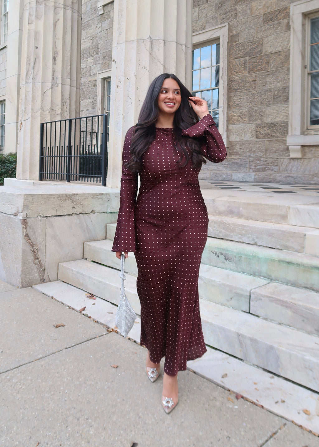 burgundy polka dot maxi dress, high neck, long sleeve, flare sleeve