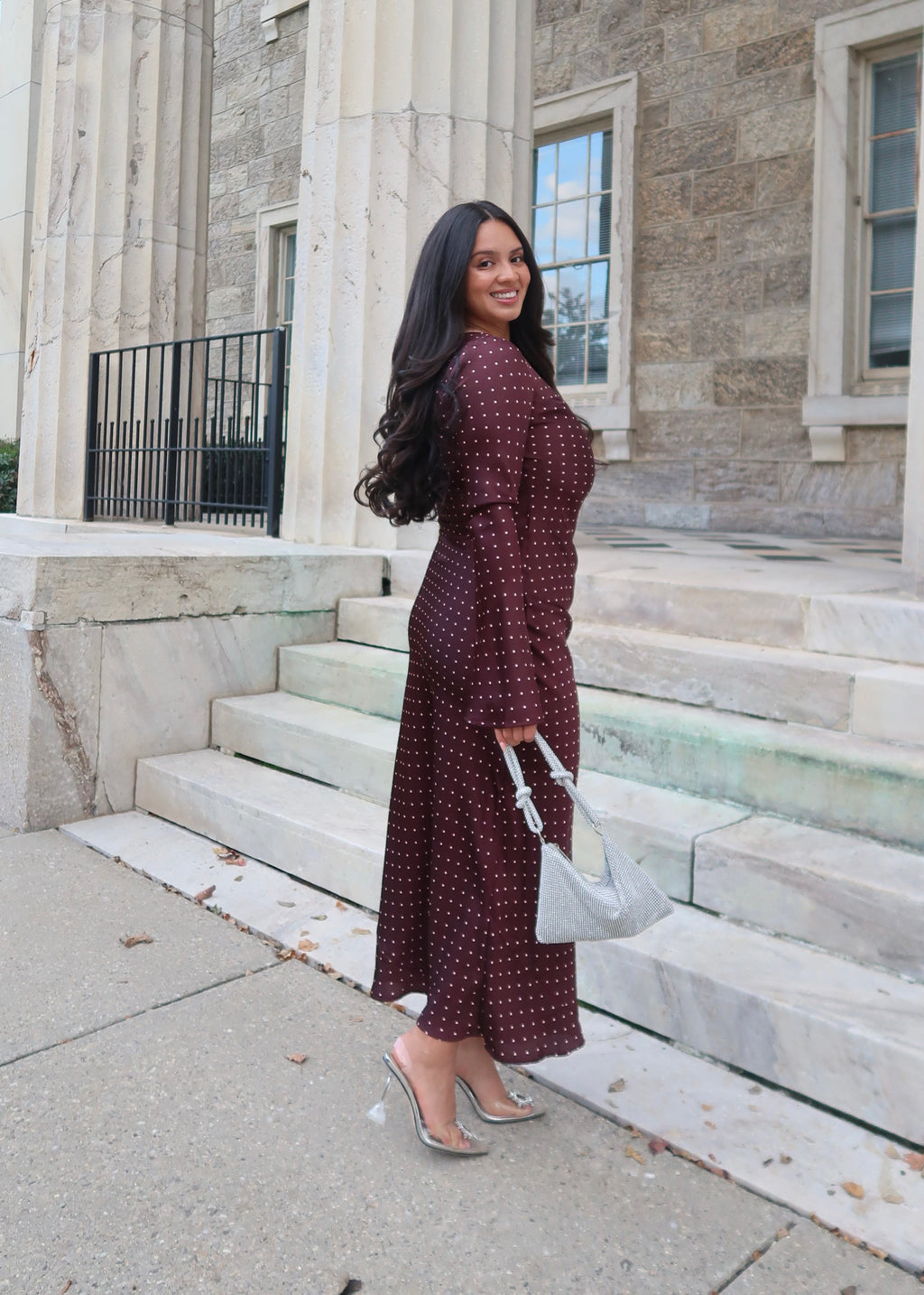 burgundy polka dot maxi dress, high neck, long sleeve, flare sleeve