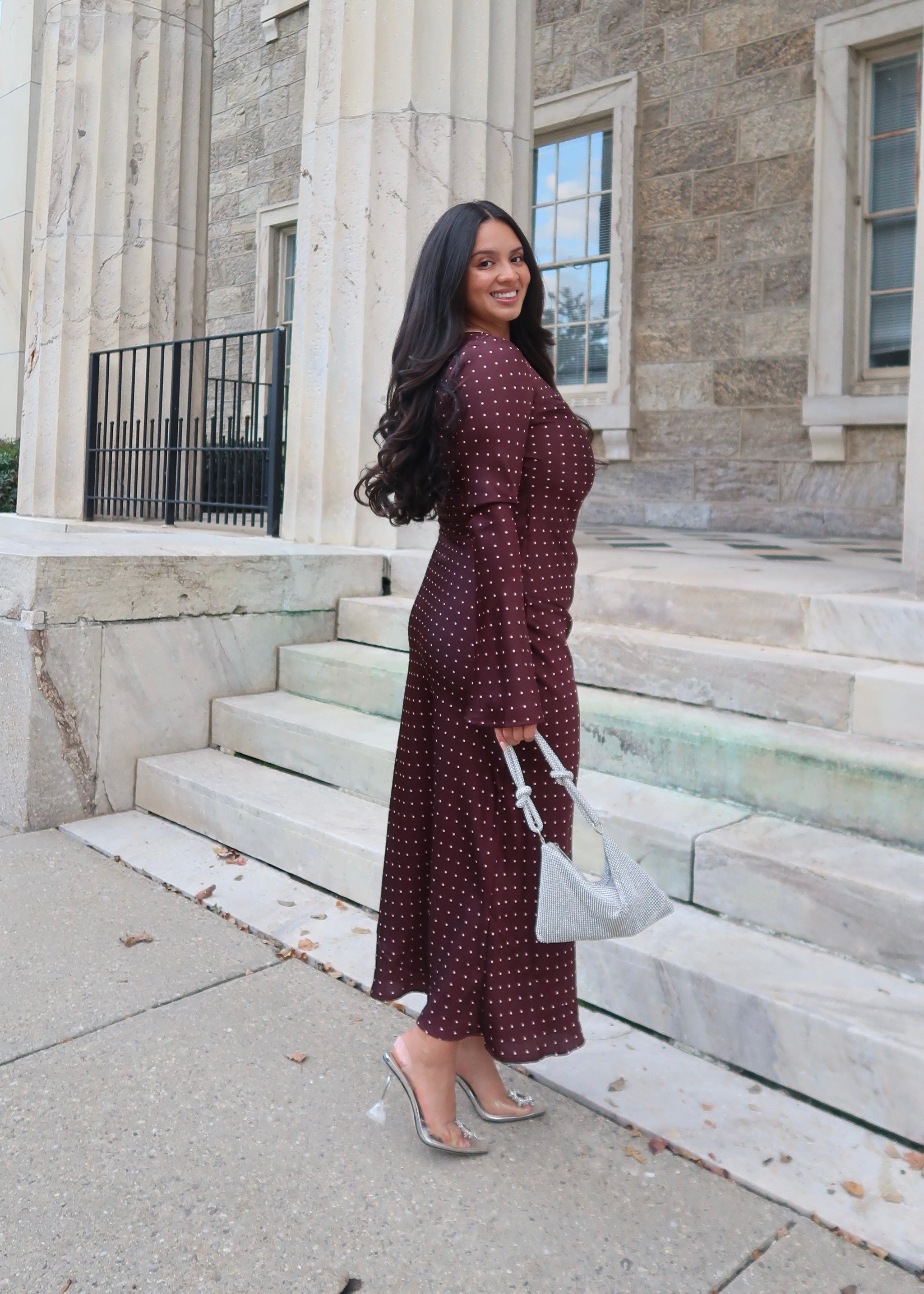 burgundy polka dot maxi dress, high neck, long sleeve, flare sleeve
