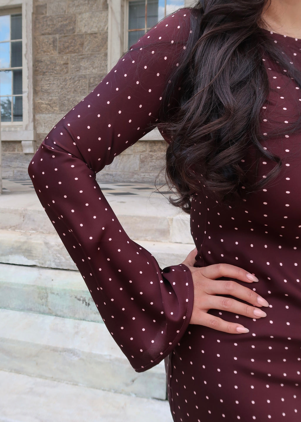 burgundy polka dot maxi dress, high neck, long sleeve, flare sleeve