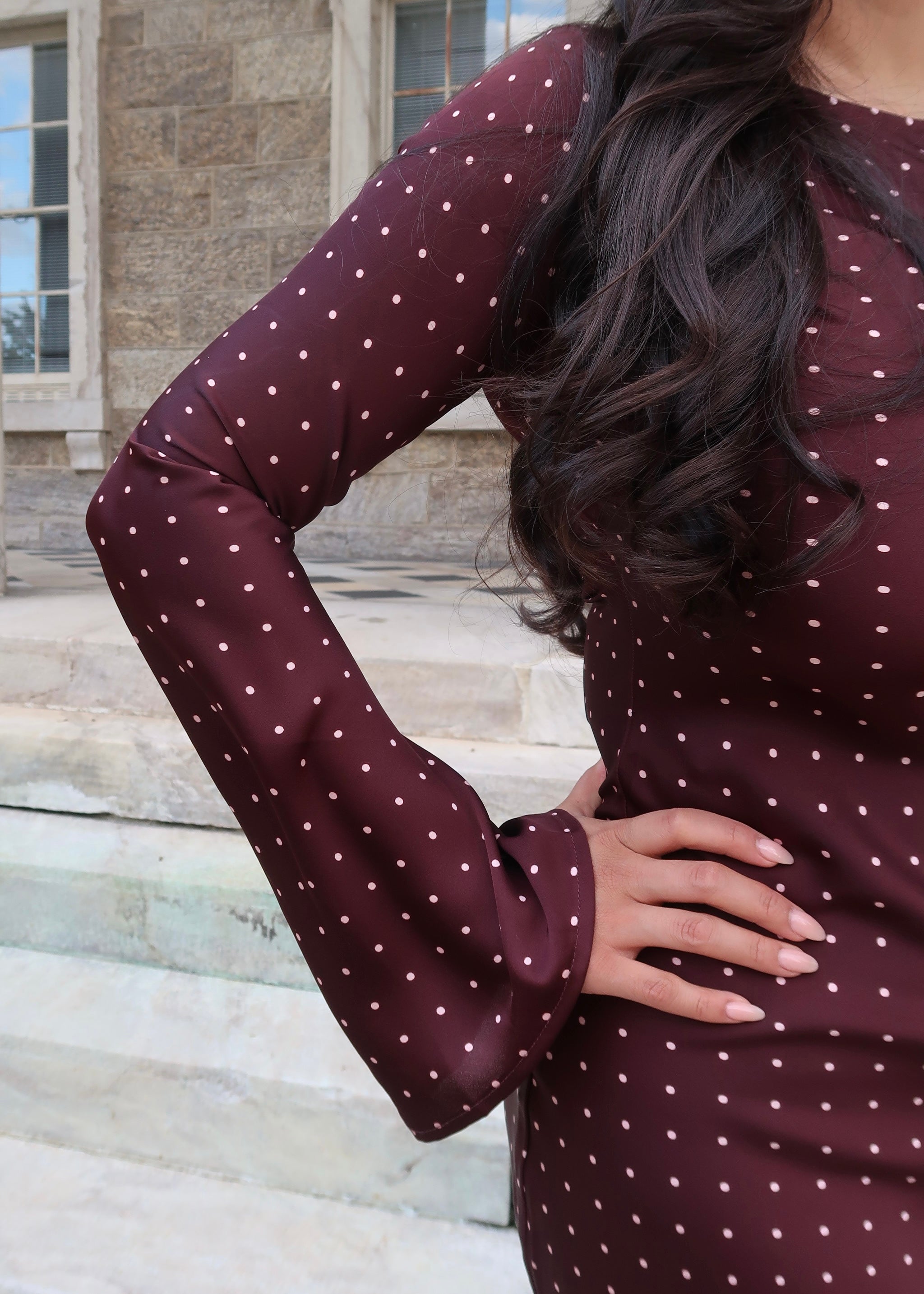 burgundy polka dot maxi dress, high neck, long sleeve, flare sleeve