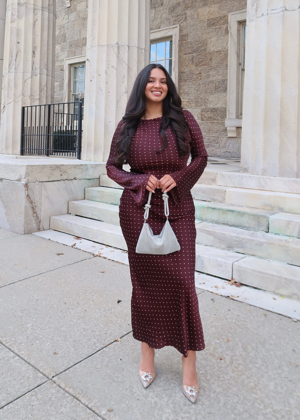 burgundy polka dot maxi dress, high neck, long sleeve, flare sleeve
