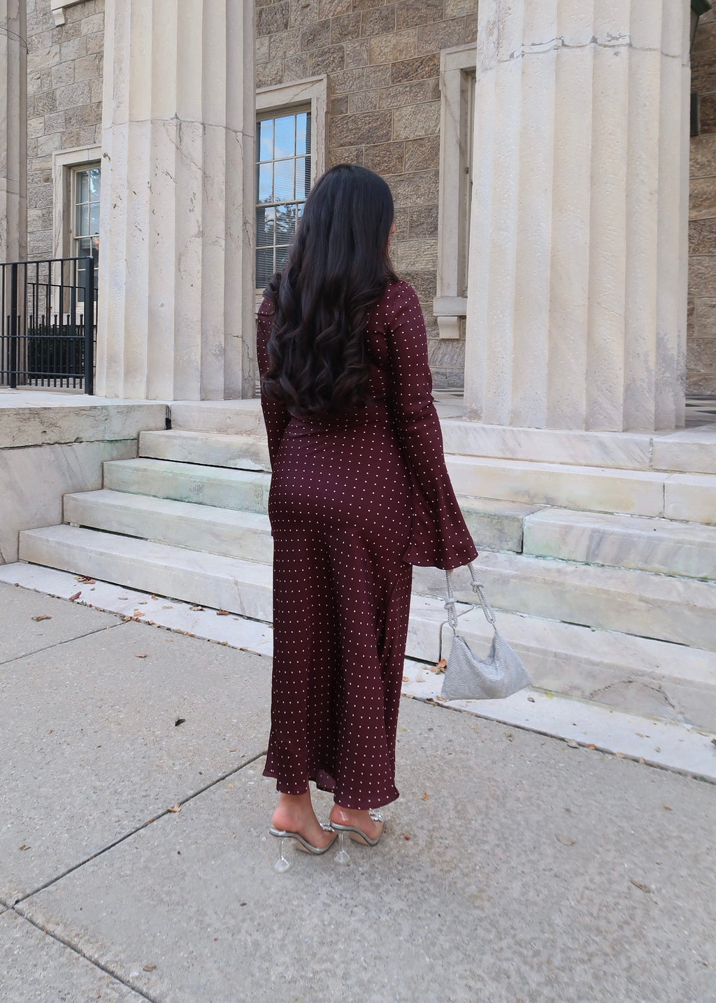 burgundy polka dot maxi dress, high neck, long sleeve, flare sleeve