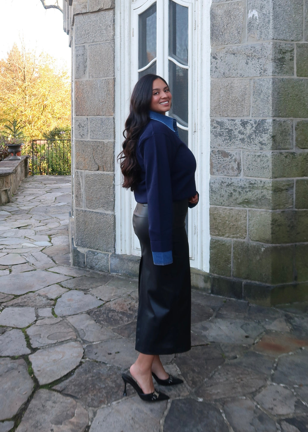 Navy blue denim cuff & denim collar long sleeve sweater, gold buttons