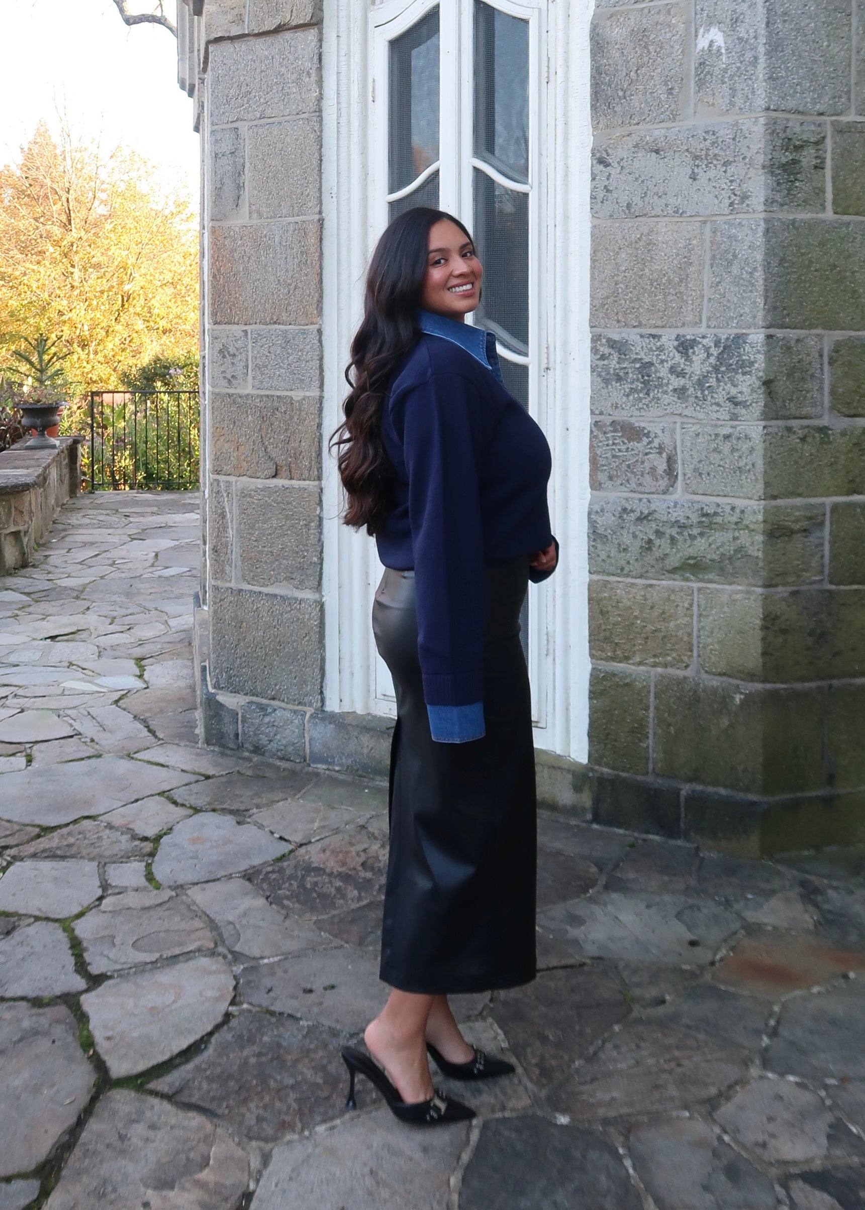 Navy blue denim cuff & denim collar long sleeve sweater, gold buttons