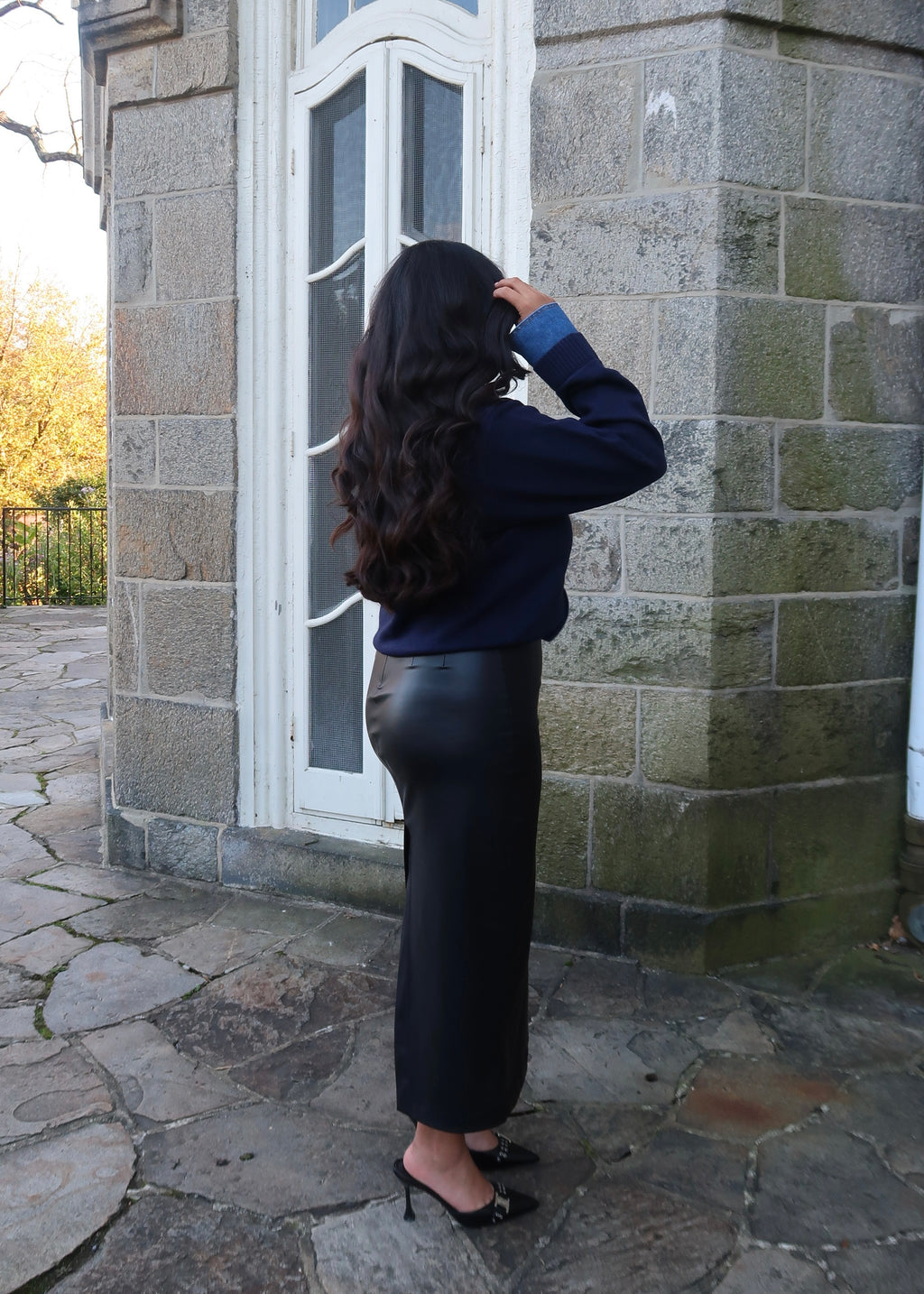 Navy blue denim cuff & denim collar long sleeve sweater, gold buttons