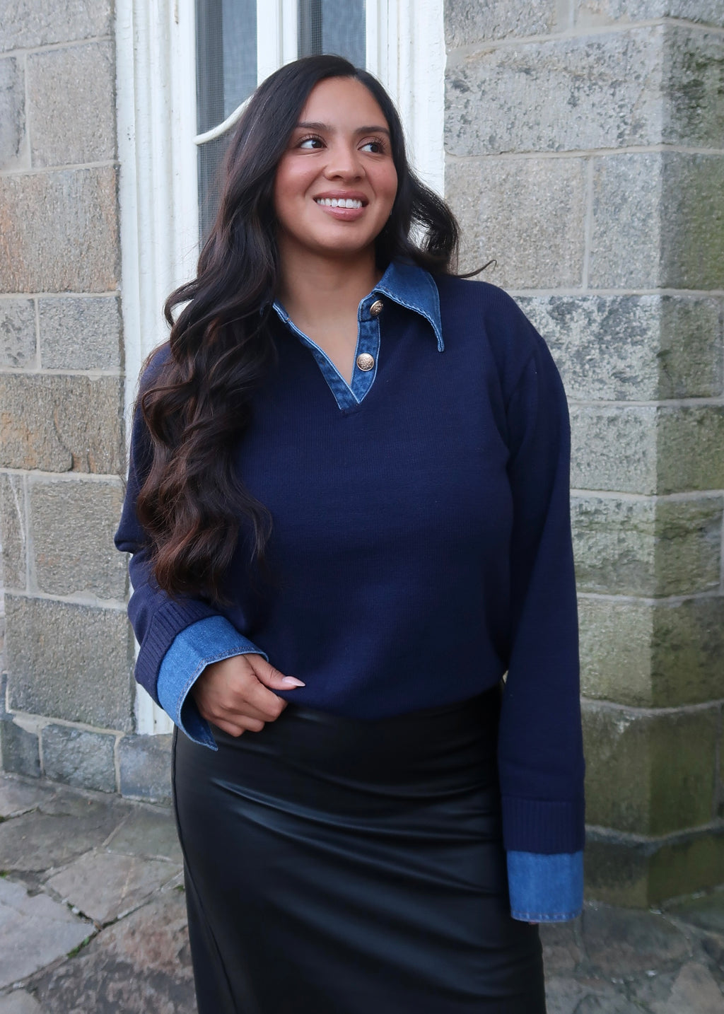Navy blue denim cuff & denim collar long sleeve sweater, gold buttons