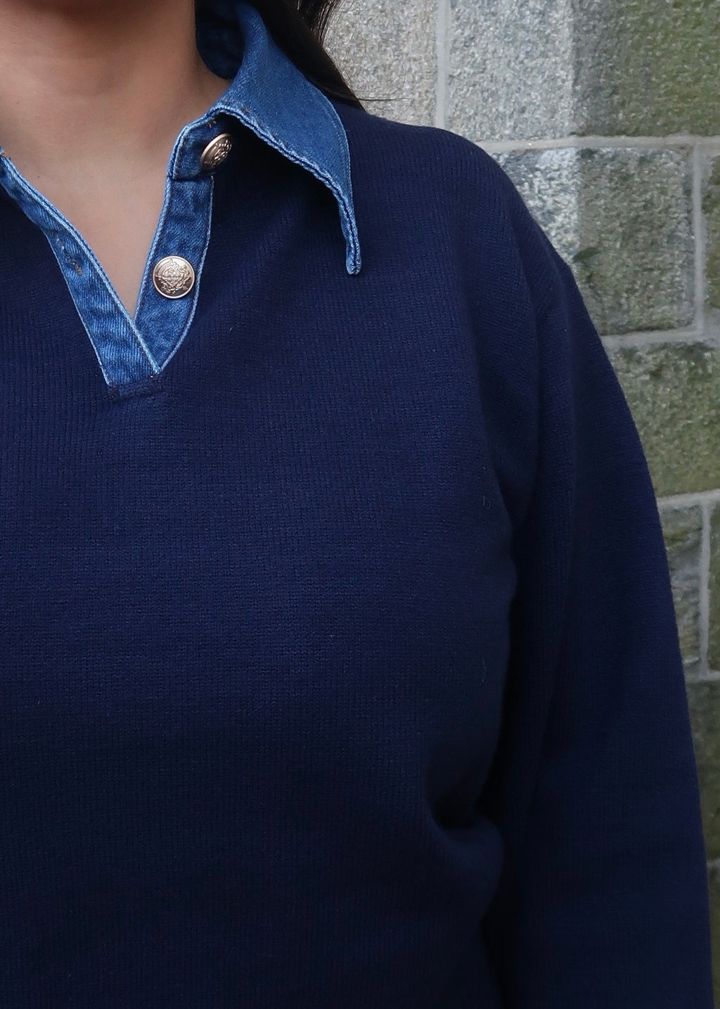 Navy blue denim cuff & denim collar long sleeve sweater, gold buttons