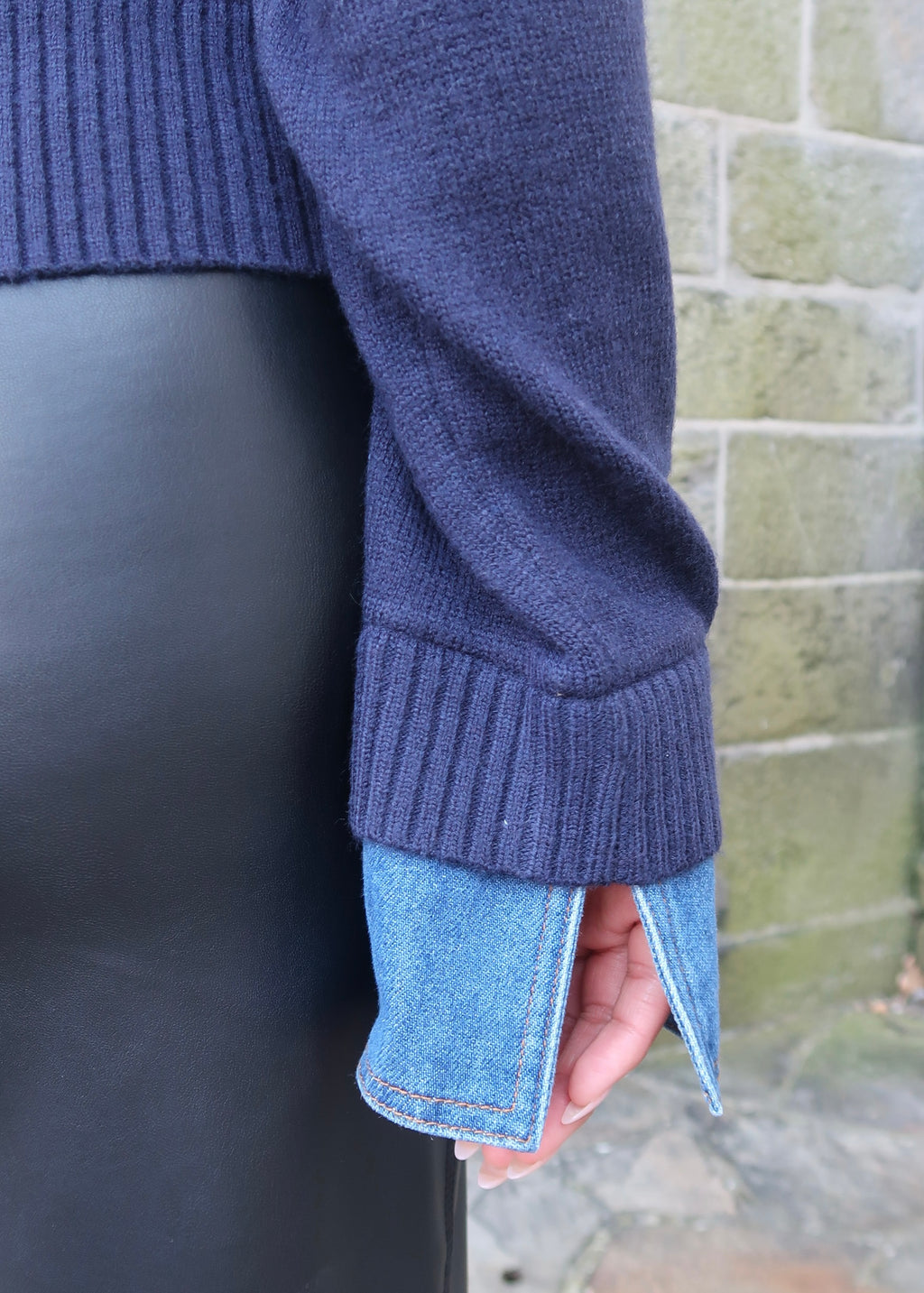 Navy blue denim cuff & denim collar long sleeve sweater, gold buttons