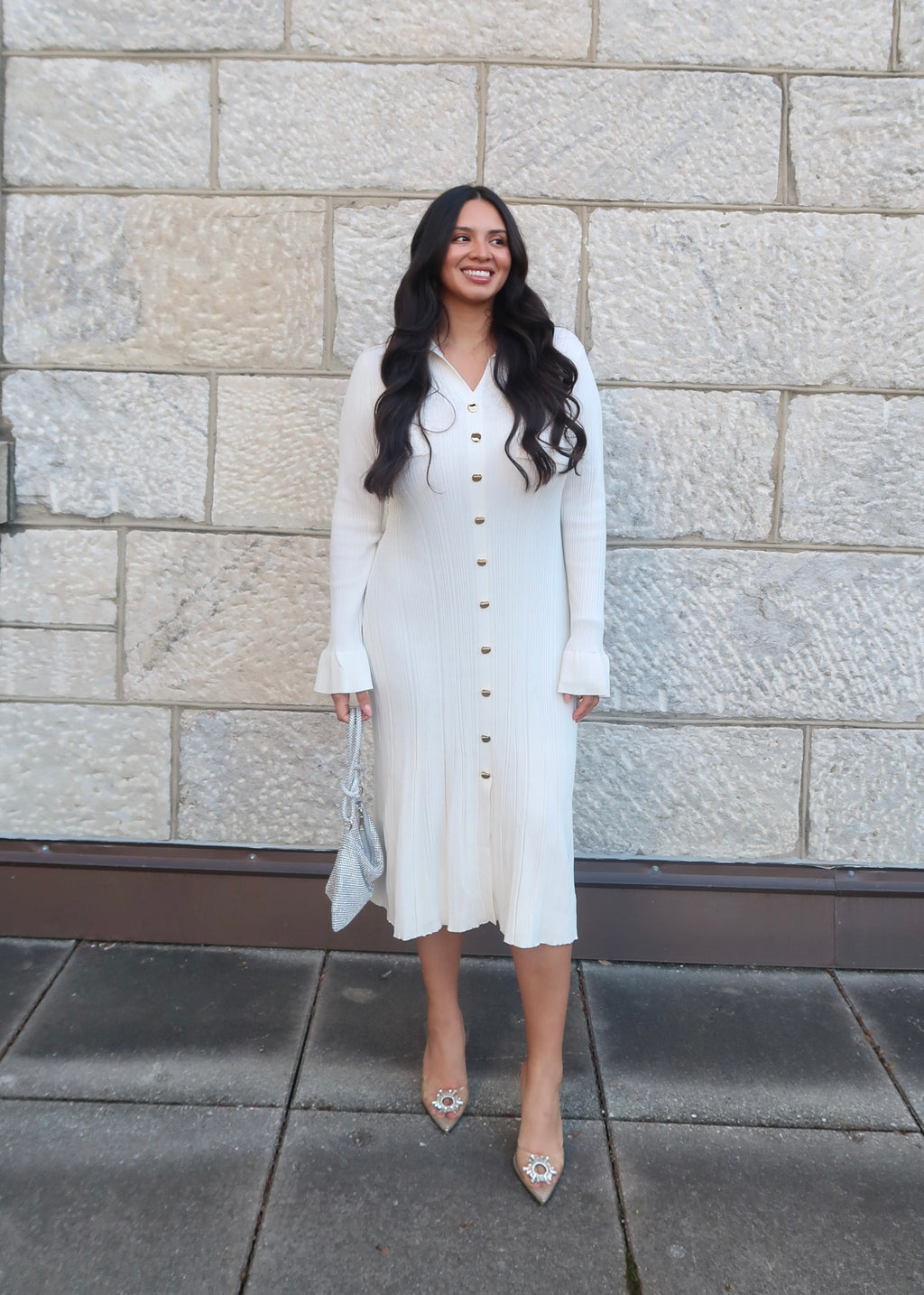 Ivory sweater dress, v-neck, collared, cuff, midi length, gold buttons, 