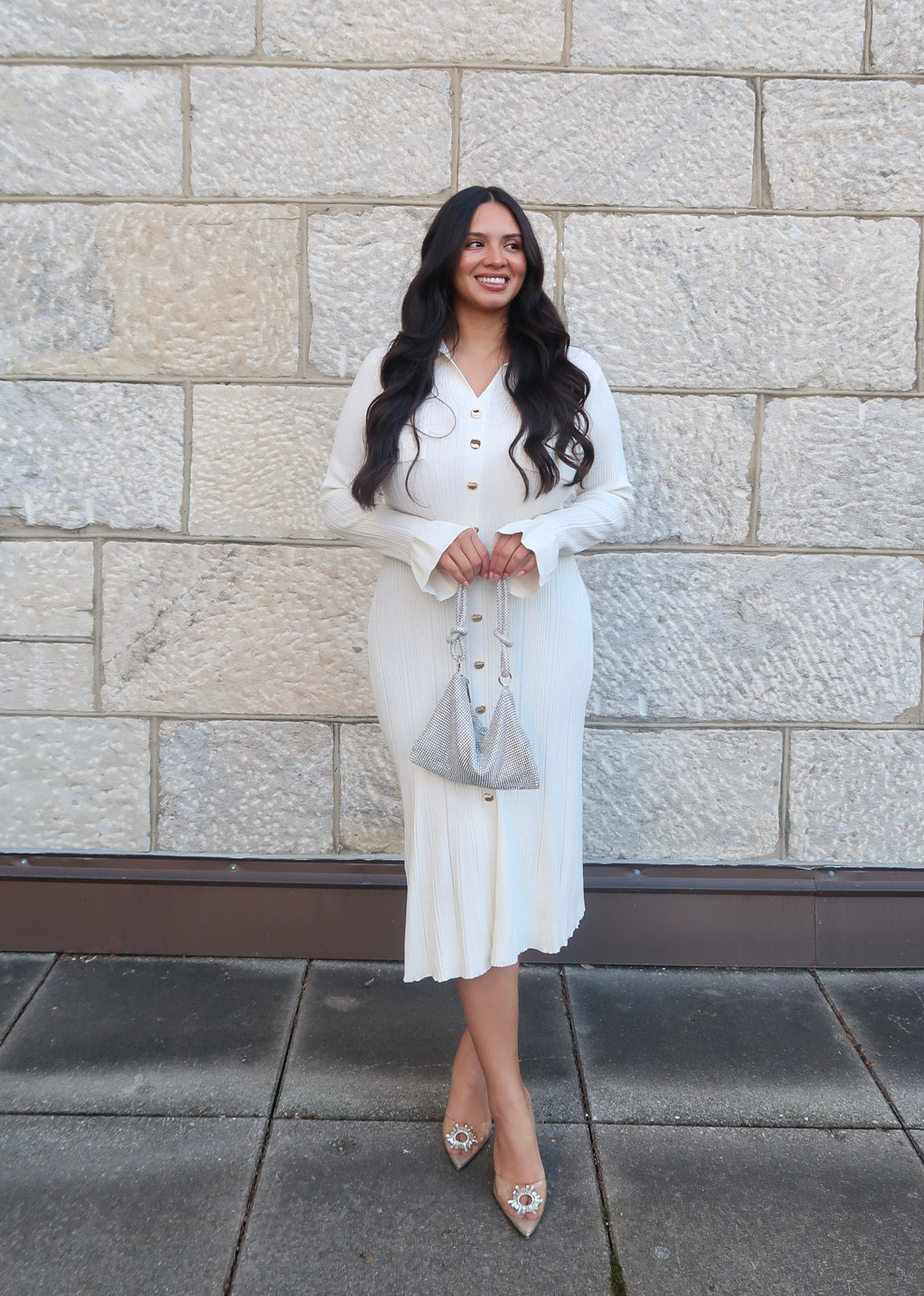 Ivory sweater dress, v-neck, collared, cuff, midi length, gold buttons, 