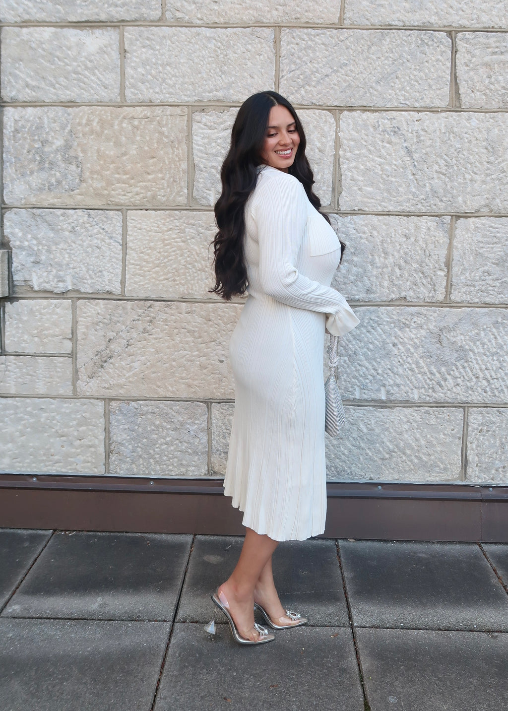 Ivory sweater dress, v-neck, collared, cuff, midi length, gold buttons, 