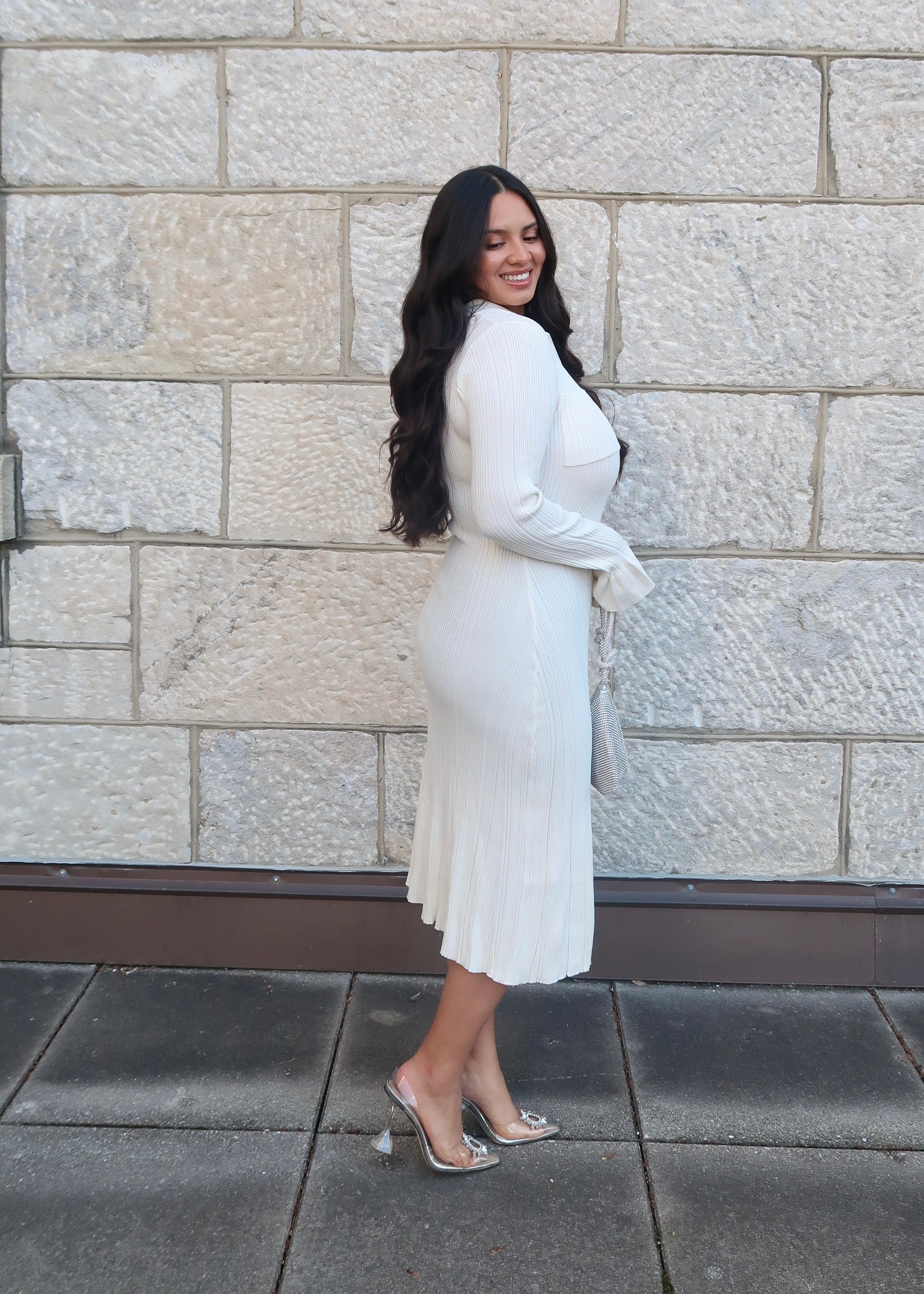 Ivory sweater dress, v-neck, collared, cuff, midi length, gold buttons, 