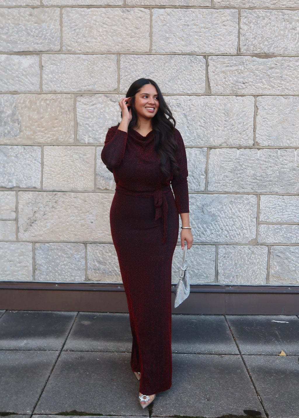 black red striped maxi floor length dress, dolman sleeves, long sleeves