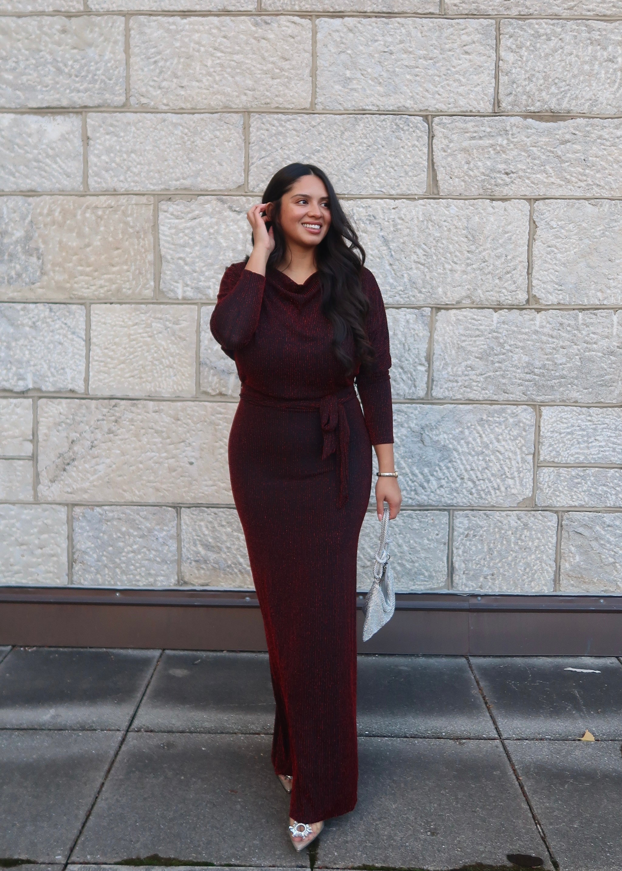 black red striped maxi floor length dress, dolman sleeves, long sleeves