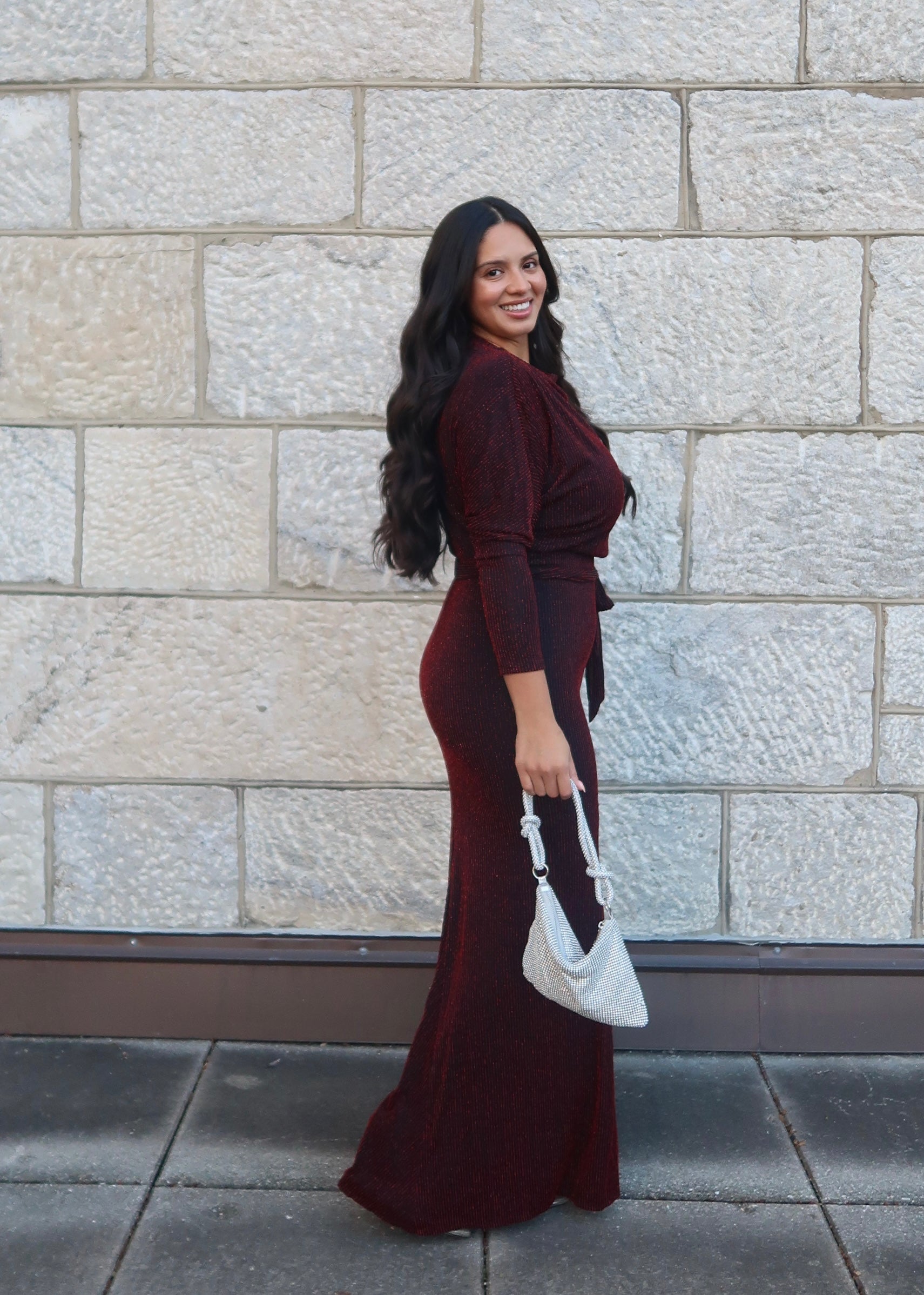 black red striped maxi floor length dress, dolman sleeves, long sleeves