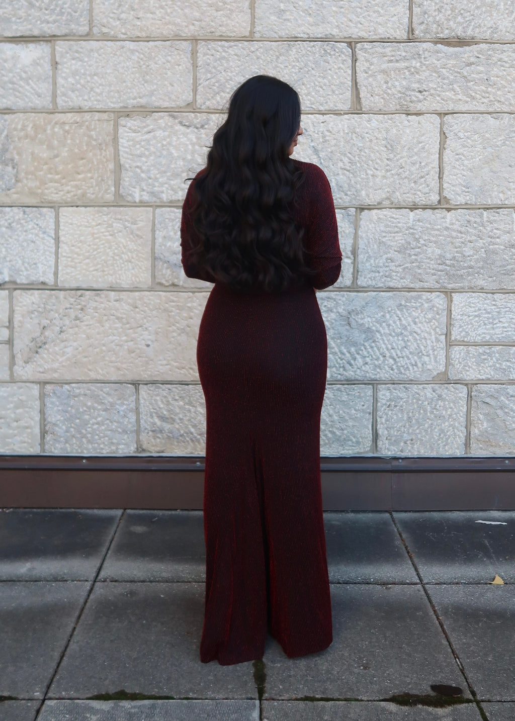 black red striped maxi floor length dress, dolman sleeves, long sleeves