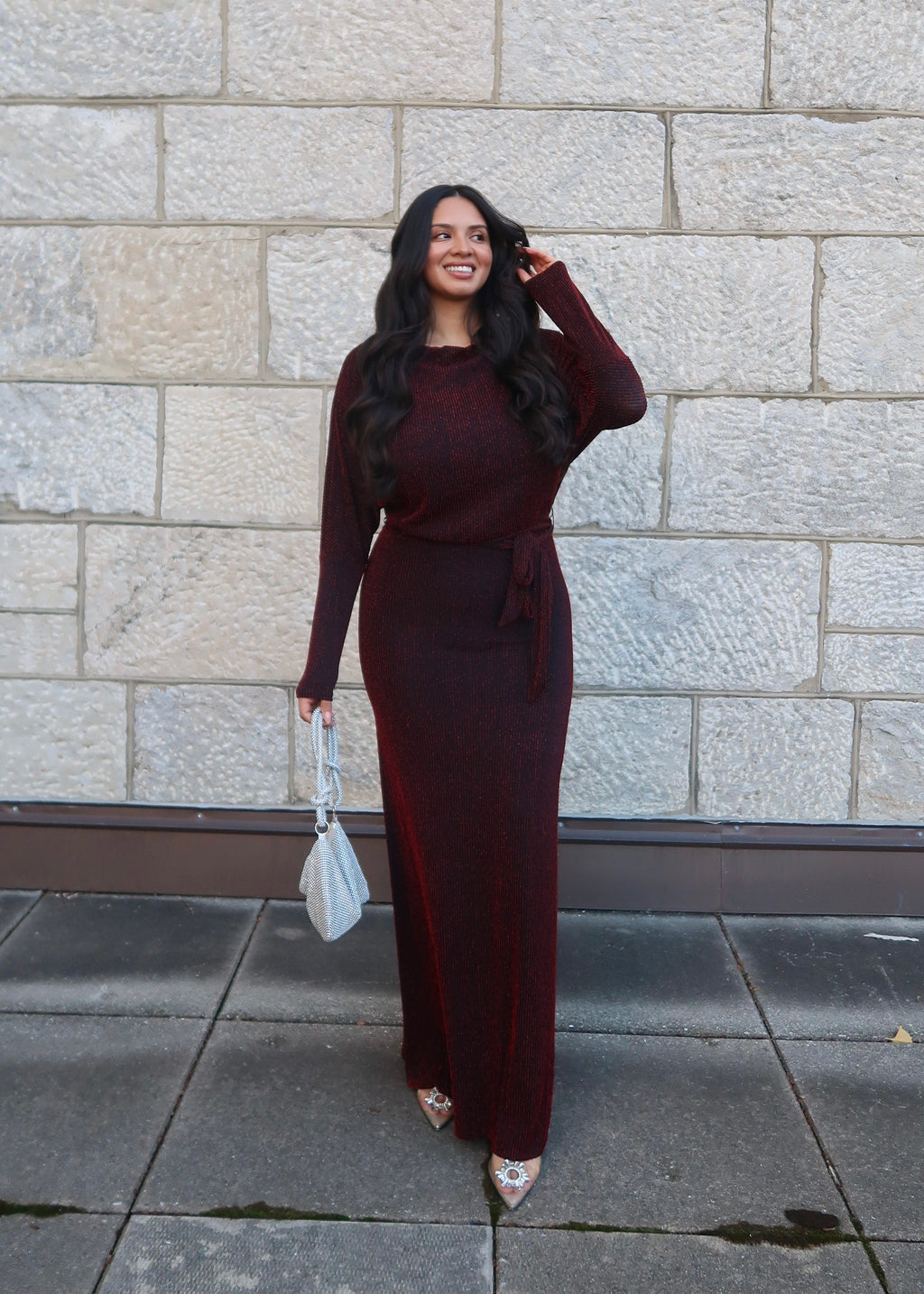 black red striped maxi floor length dress, dolman sleeves, long sleeves