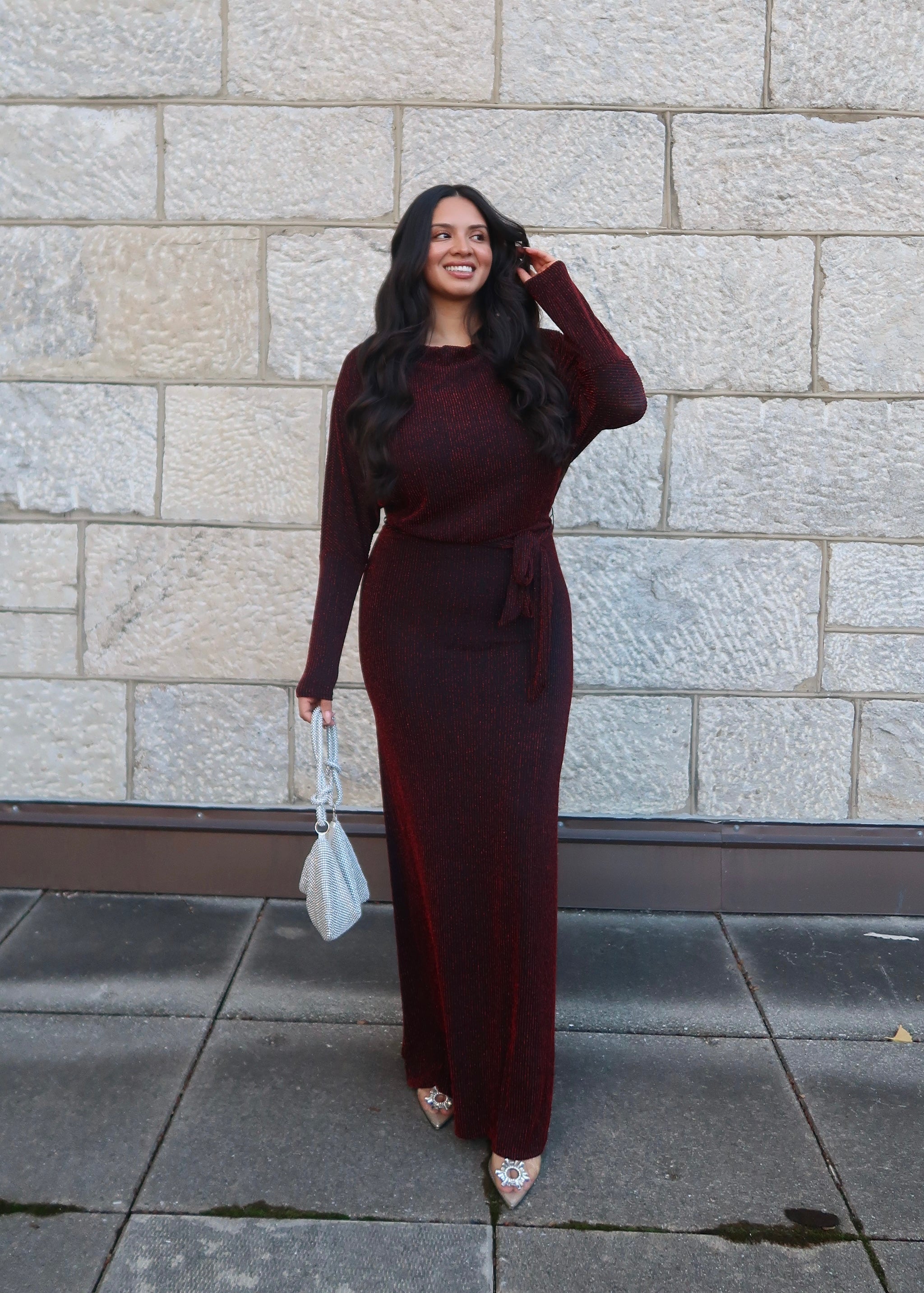 black red striped maxi floor length dress, dolman sleeves, long sleeves