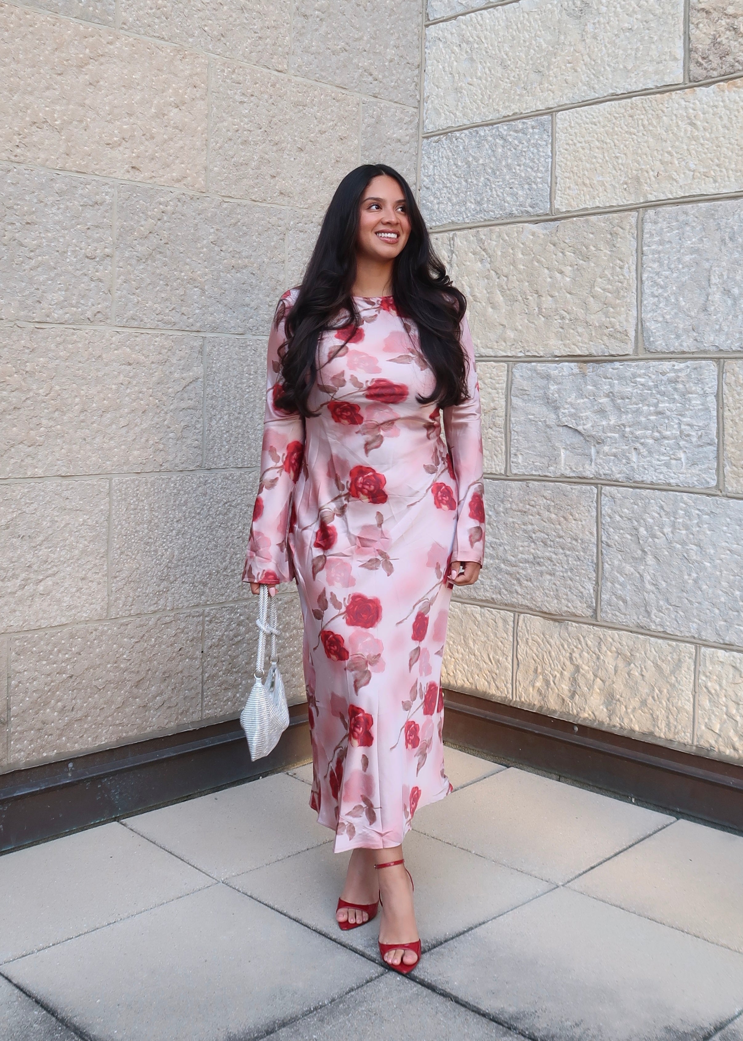 pink floral maxi satin dress, long sleeve, flare sleeve