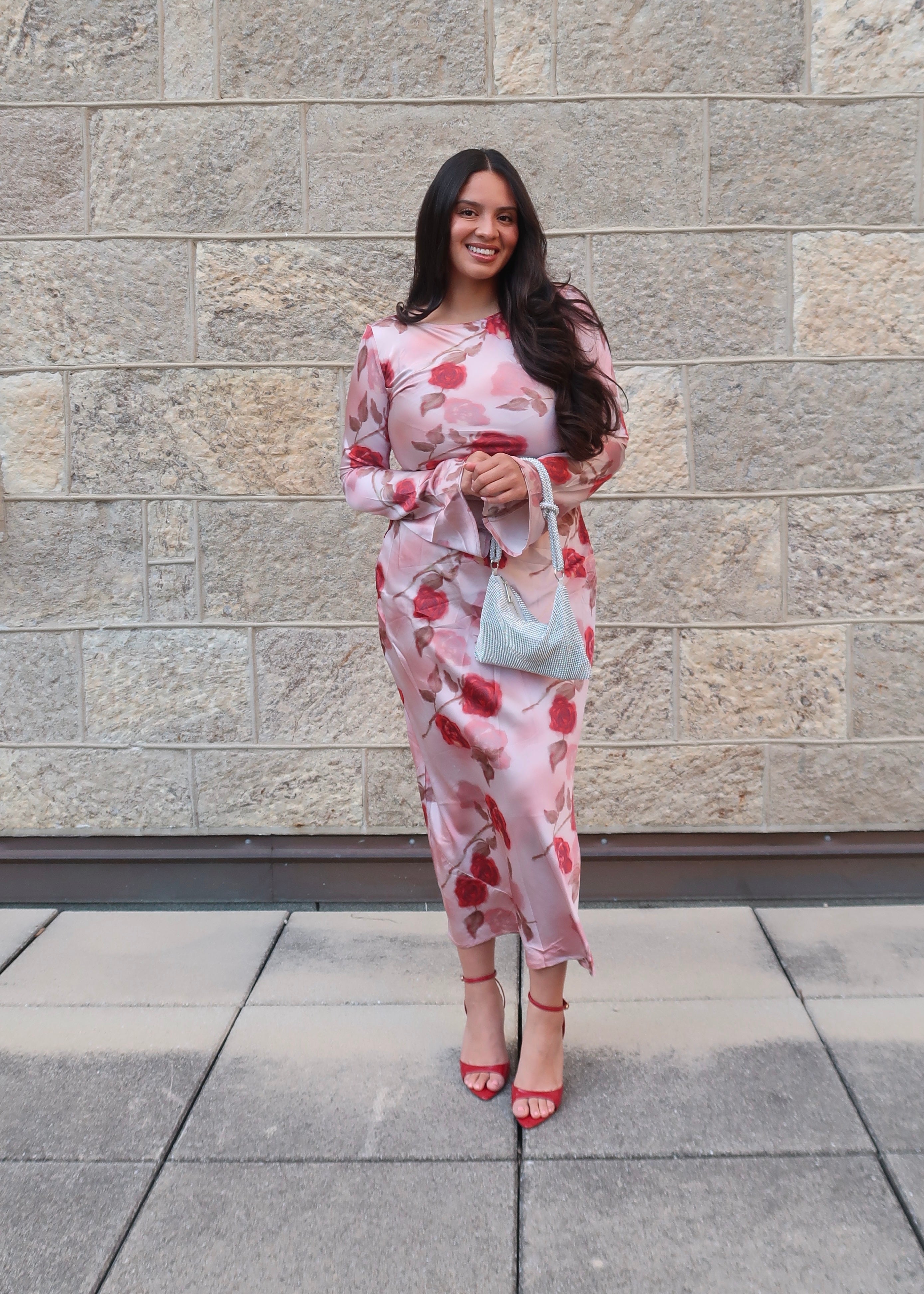 pink floral maxi satin dress, long sleeve, flare sleeve