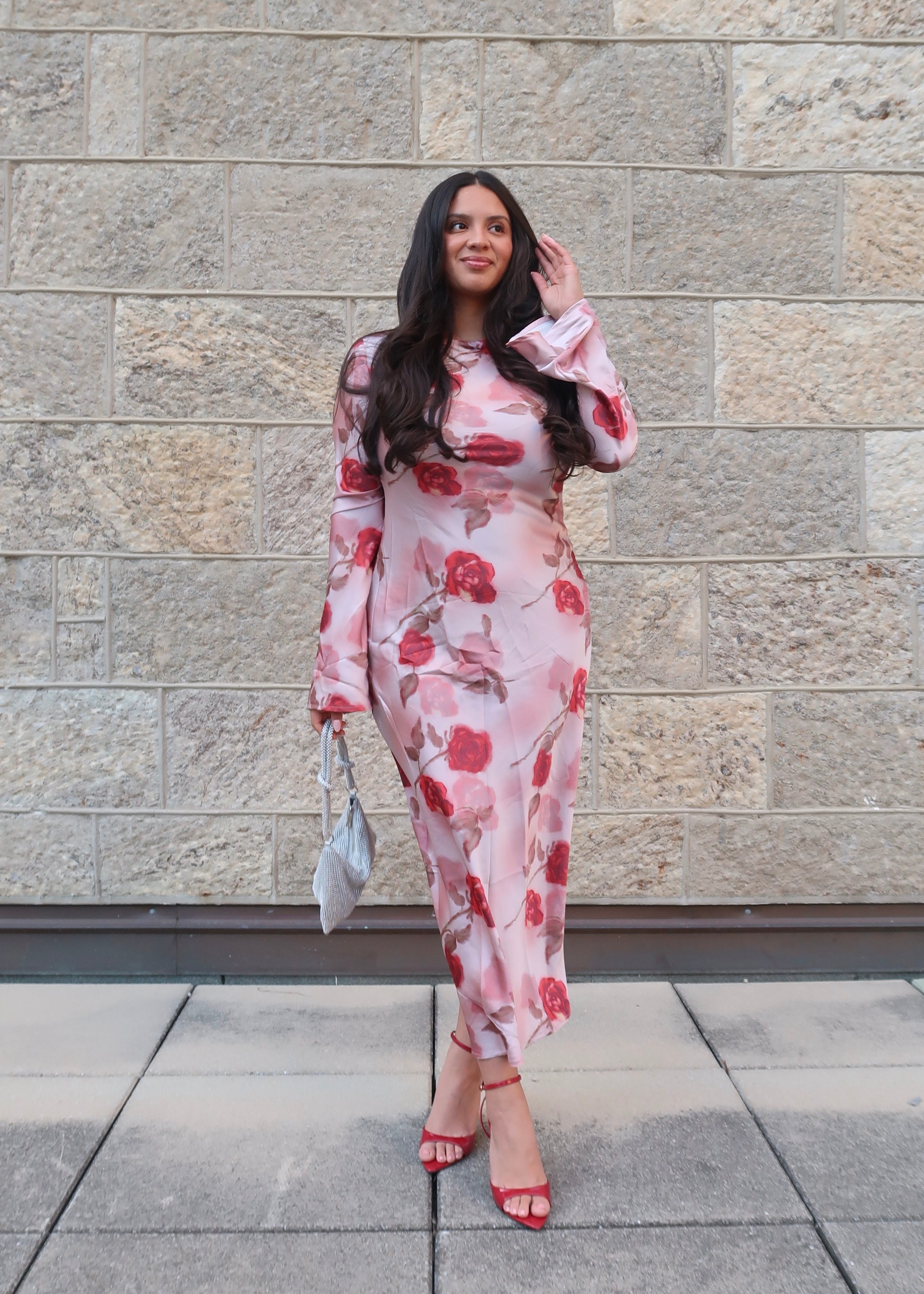 pink floral maxi satin dress, long sleeve, flare sleeve