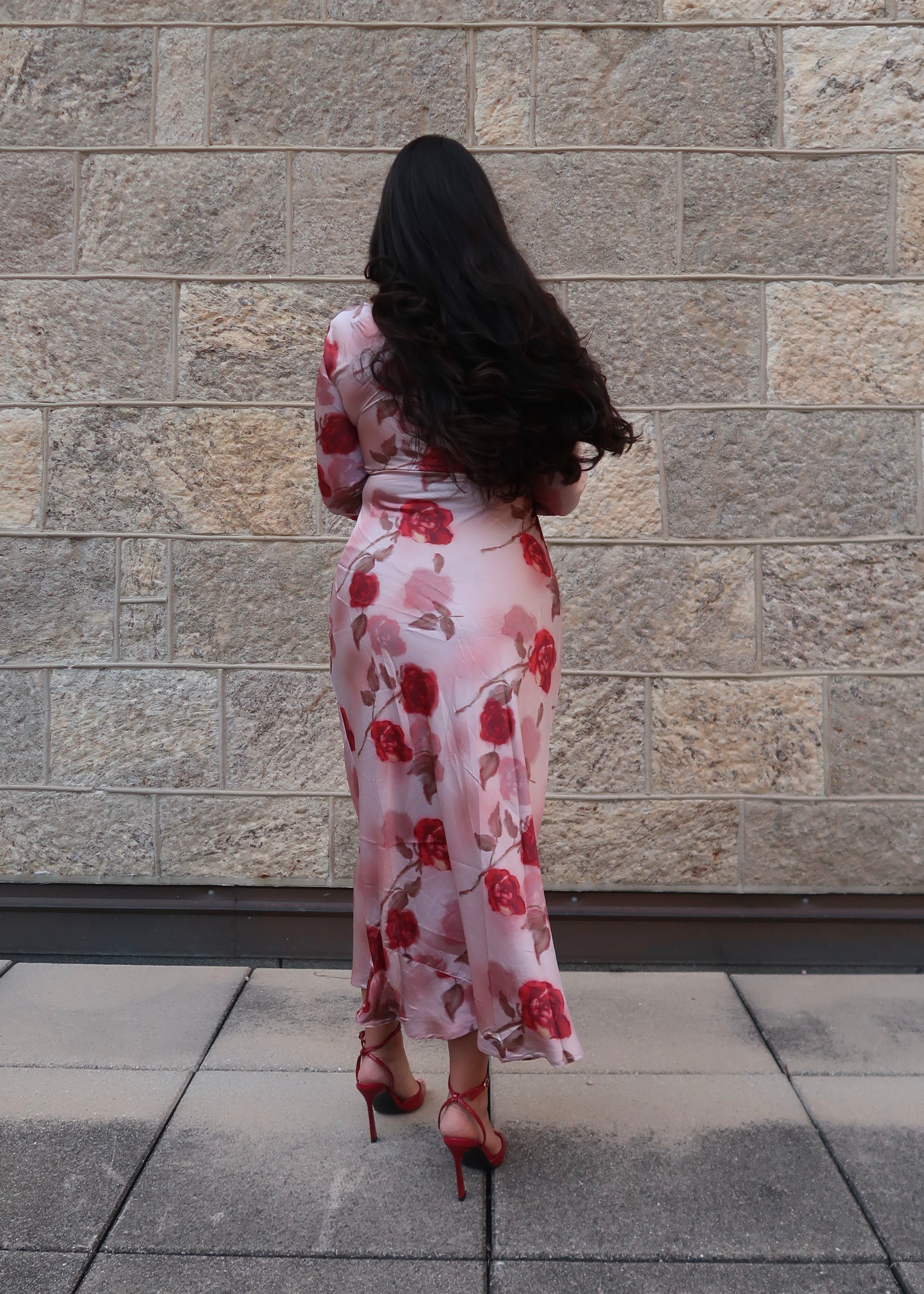 pink floral maxi satin dress, long sleeve, flare sleeve