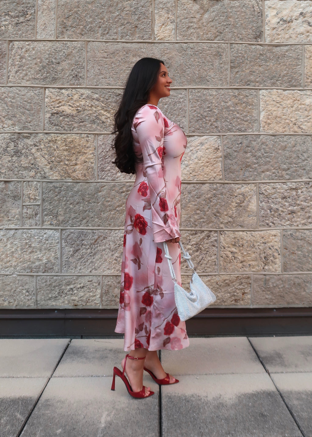 pink floral maxi satin dress, long sleeve, flare sleeve
