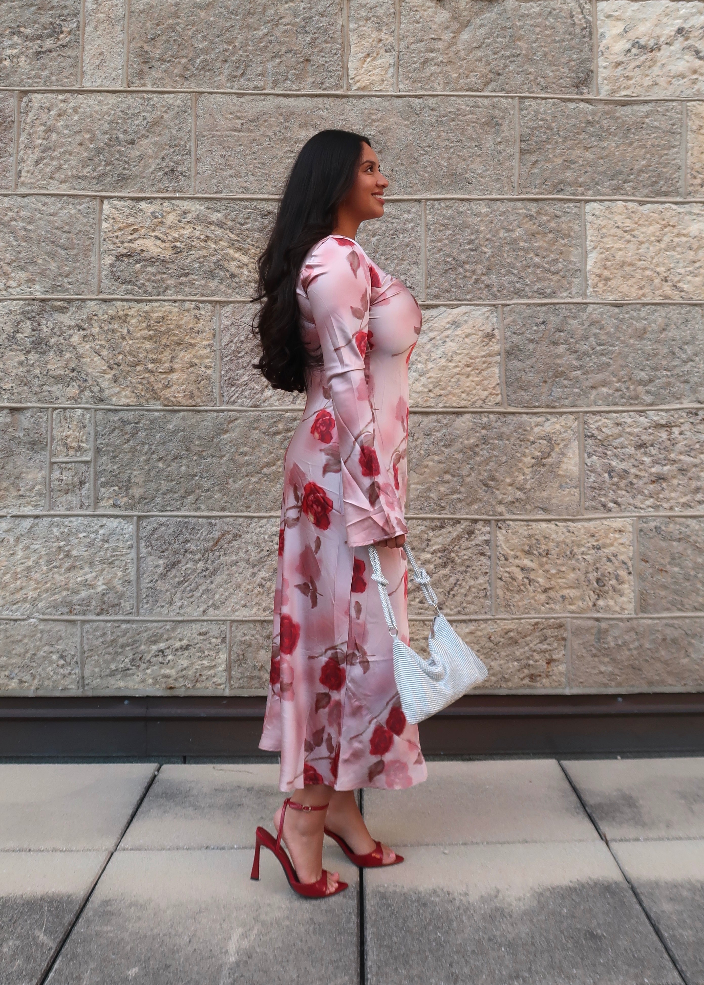 pink floral maxi satin dress, long sleeve, flare sleeve