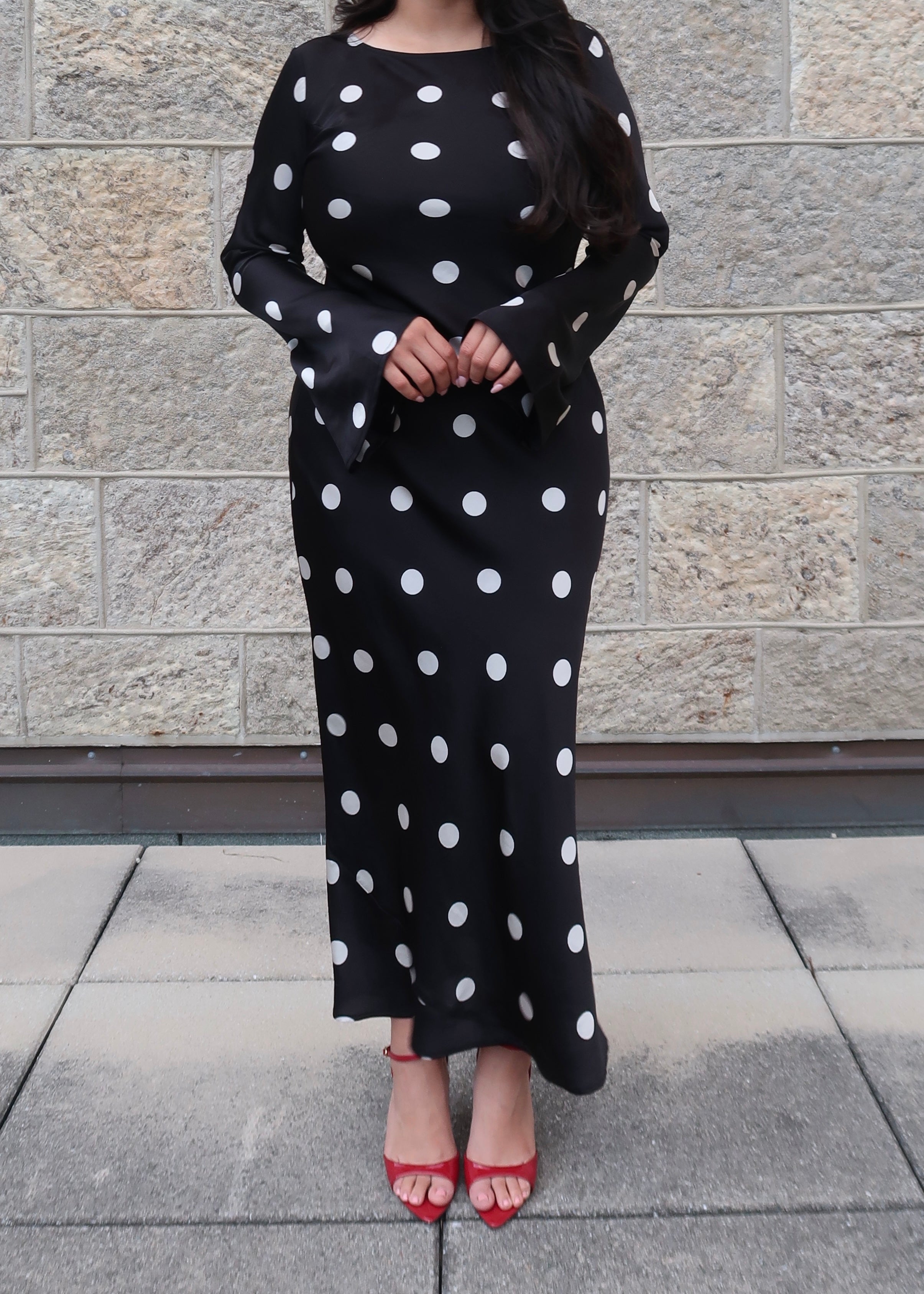 black polka dot maxi satin dress, long sleeve, flare sleeve