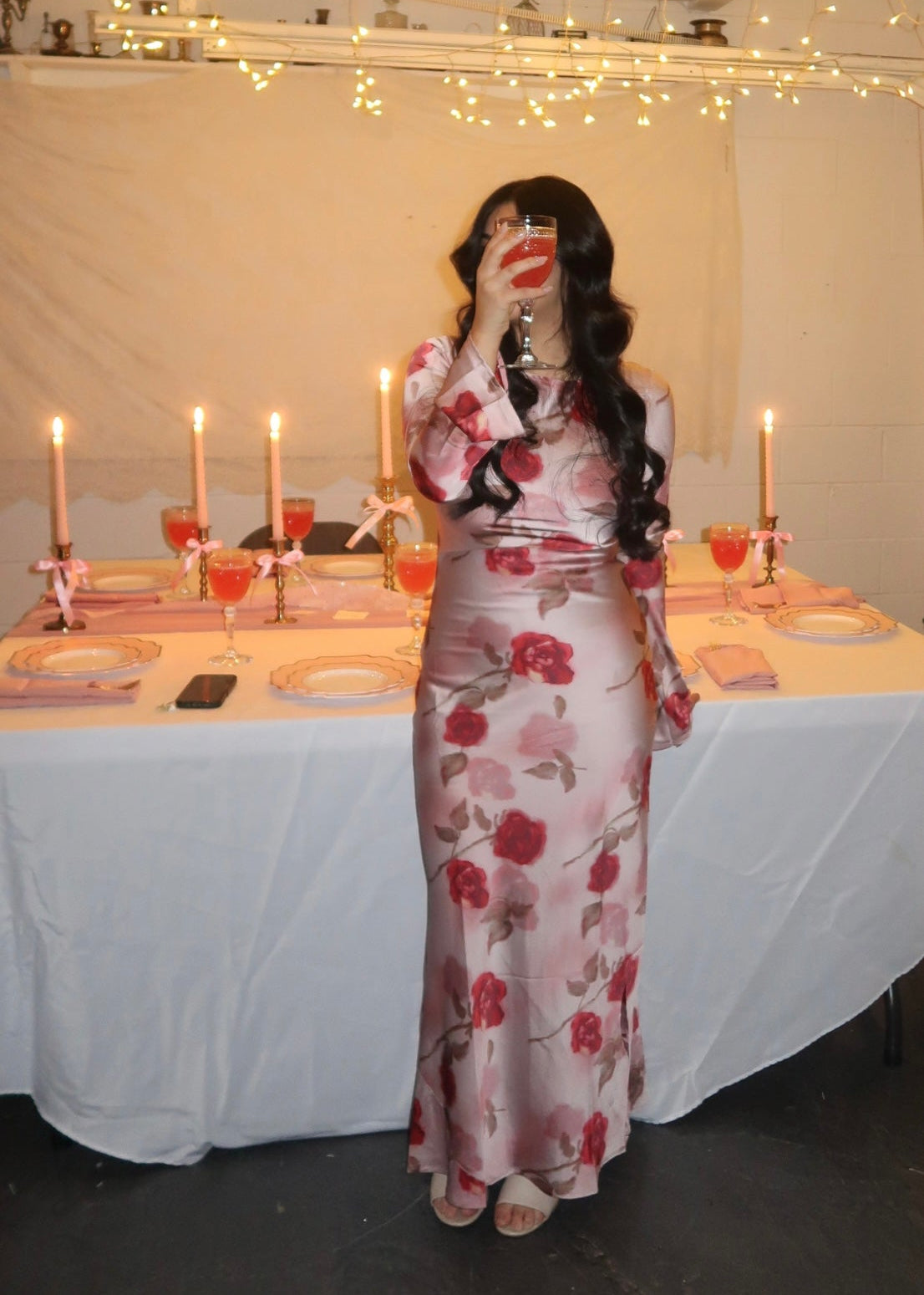 pink floral maxi satin dress, long sleeve, flare sleeve