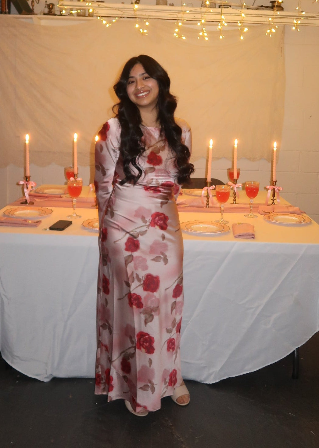 pink floral maxi satin dress, long sleeve, flare sleeve