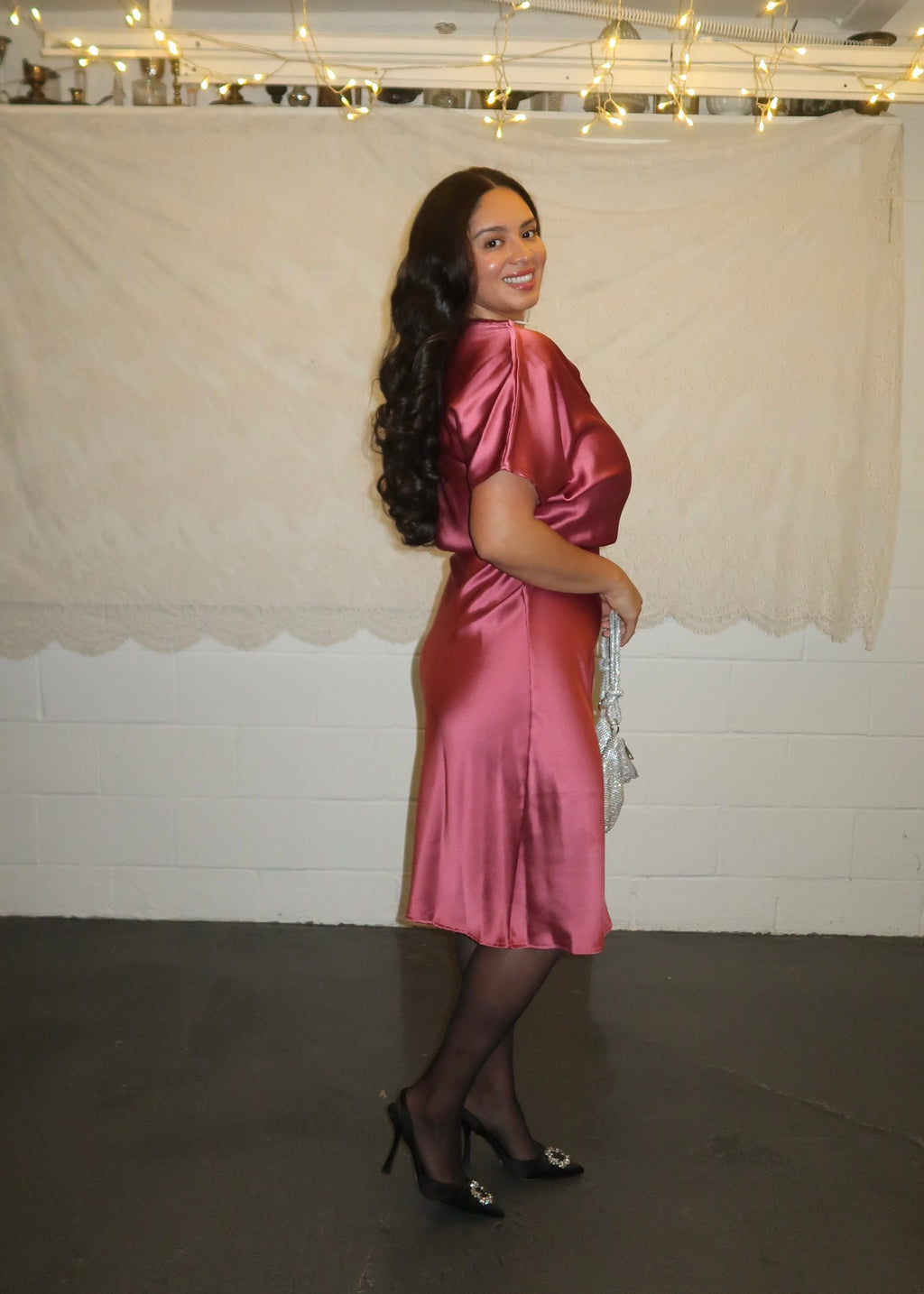 dark pink satin midi dress with slit 