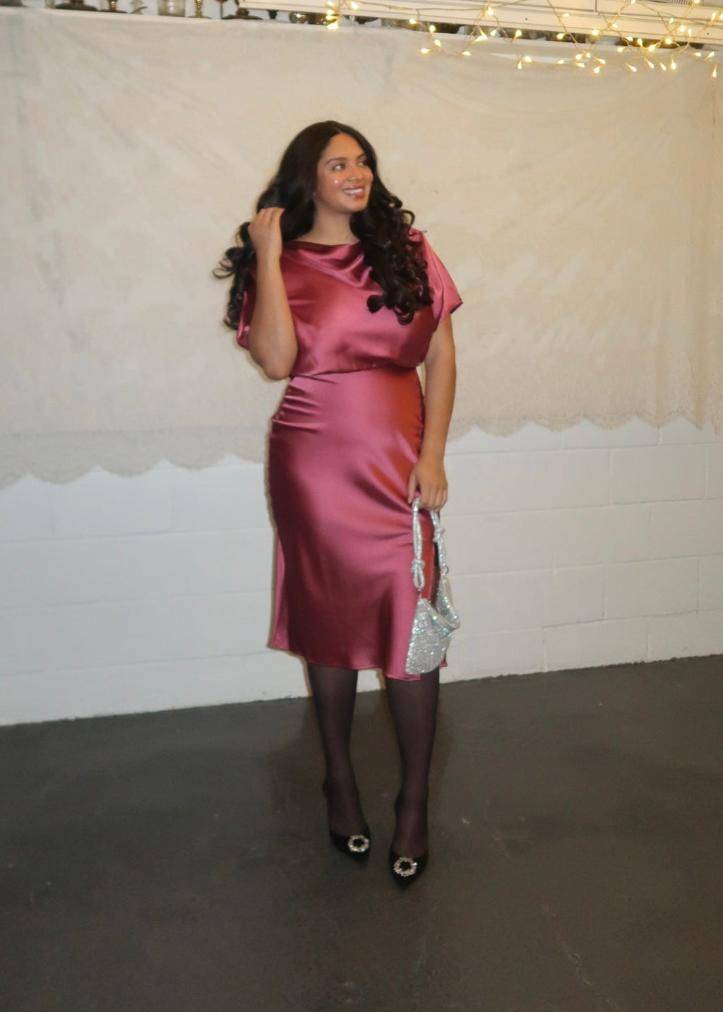 dark pink satin midi dress with slit 